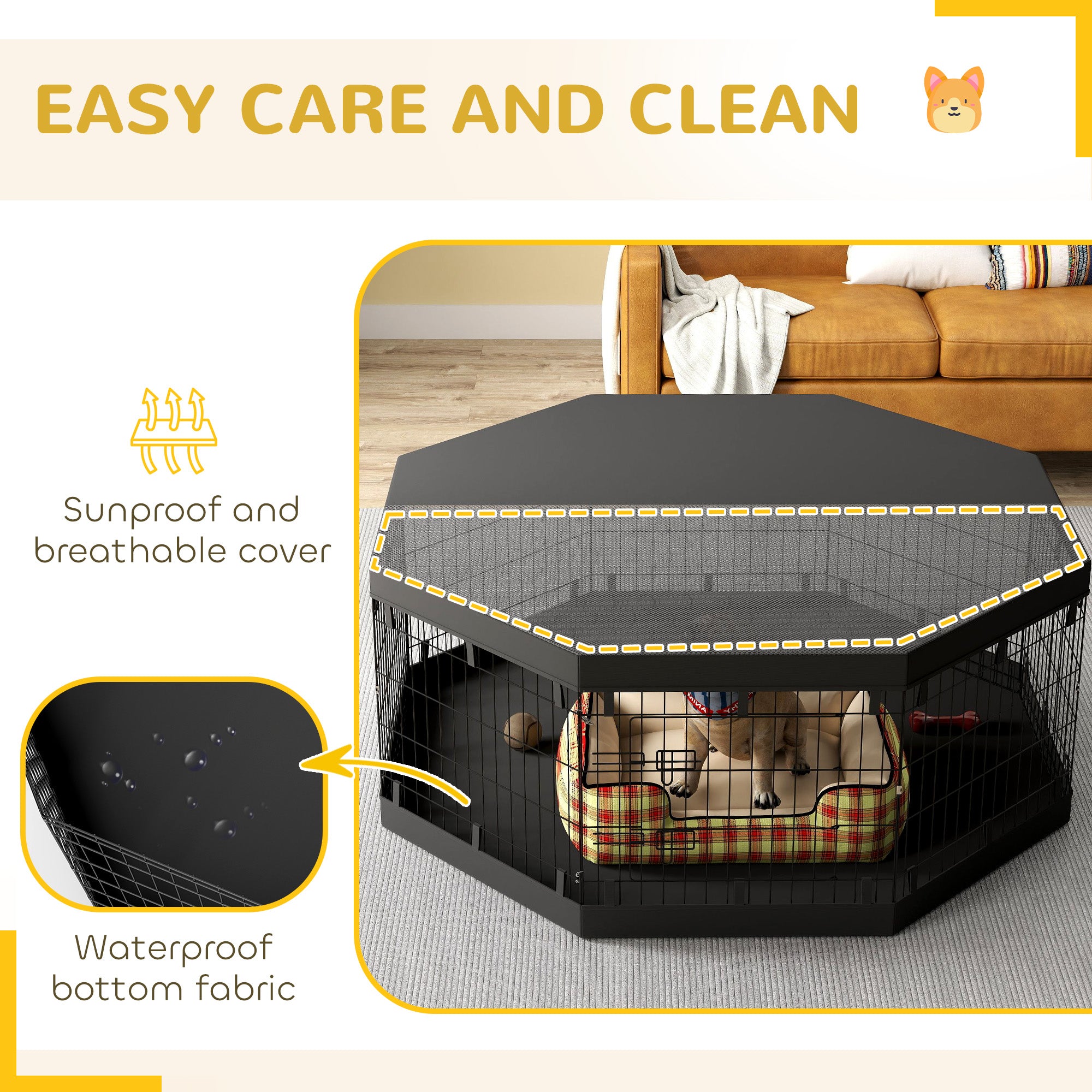 PawHut Dog Playpen, 8 Panels Foldable Dog Pen with Waterproof Bottom Pad, Sunproof Top Cover, 24"H Dog Fence for Indoor Outdoor, for Small and Miniature Dogs and Pets