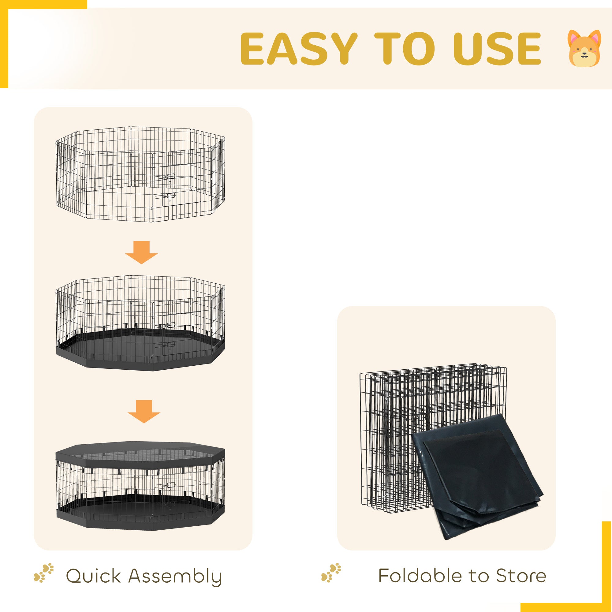 PawHut Dog Playpen, 8 Panels Foldable Dog Pen with Waterproof Bottom Pad, Sunproof Top Cover, 24"H Dog Fence for Indoor Outdoor, for Small and Miniature Dogs and Pets