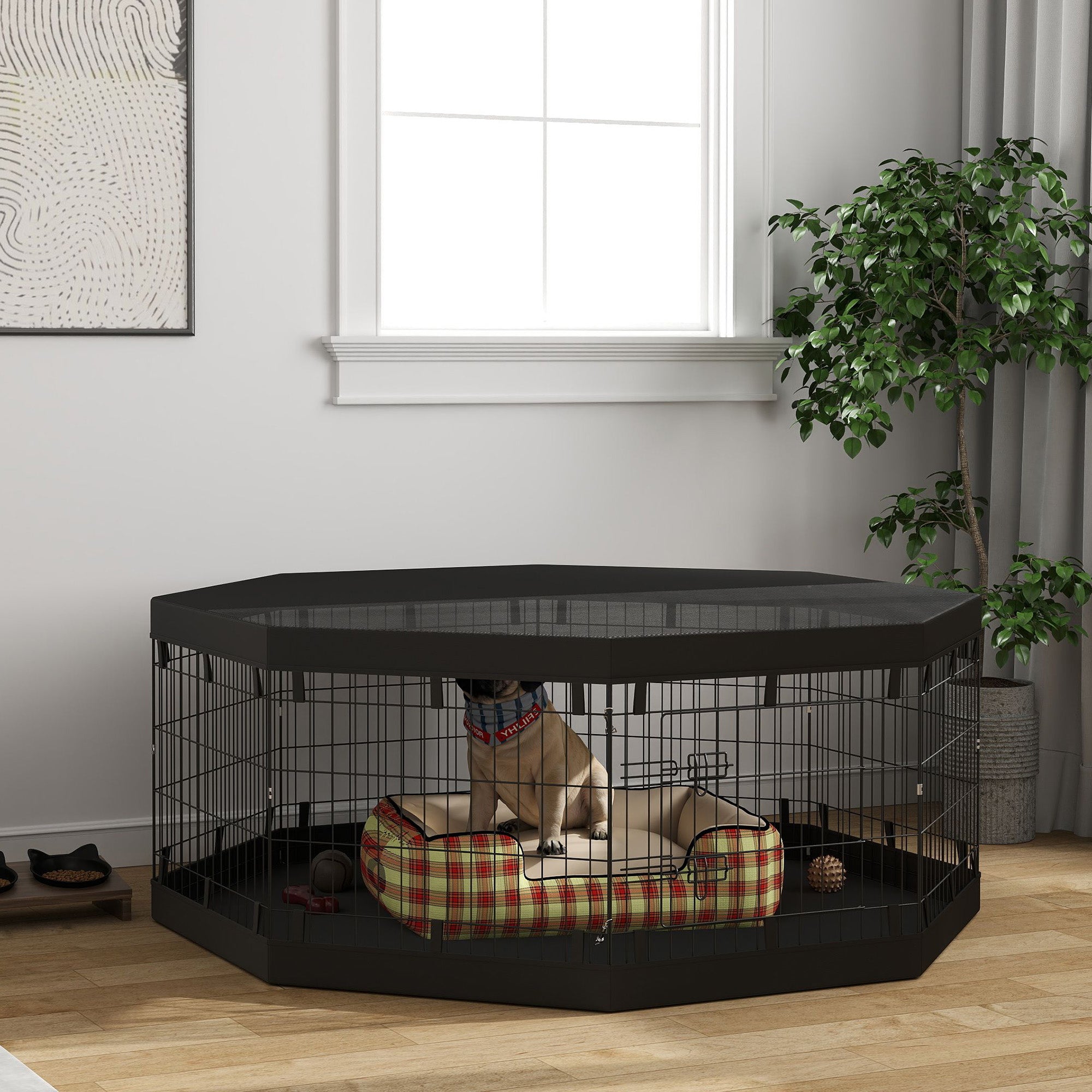 PawHut Dog Playpen, 8 Panels Foldable Dog Pen with Waterproof Bottom Pad, Sunproof Top Cover, 24