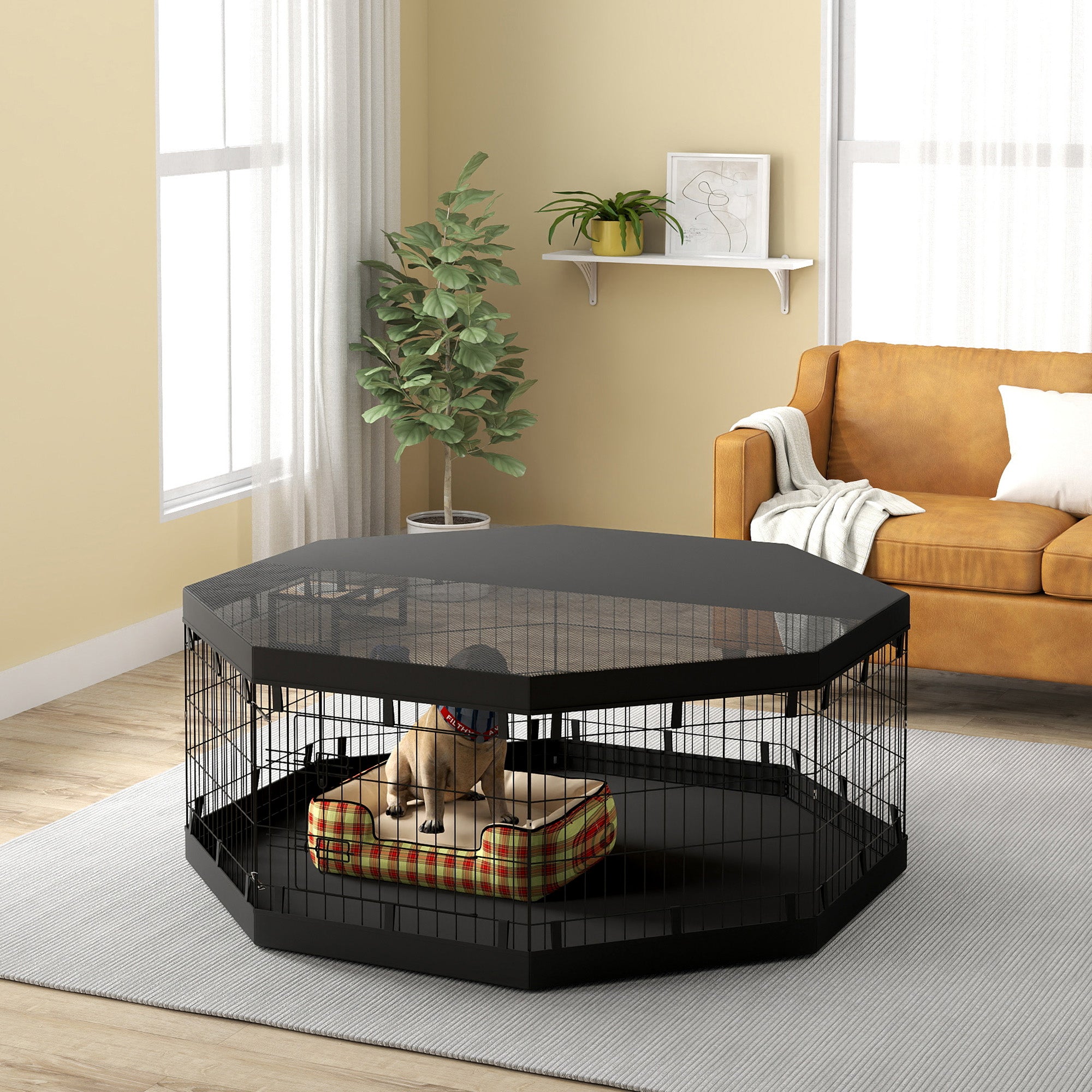 PawHut Dog Playpen, 8 Panels Foldable Dog Pen with Waterproof Bottom Pad, Sunproof Top Cover, 24