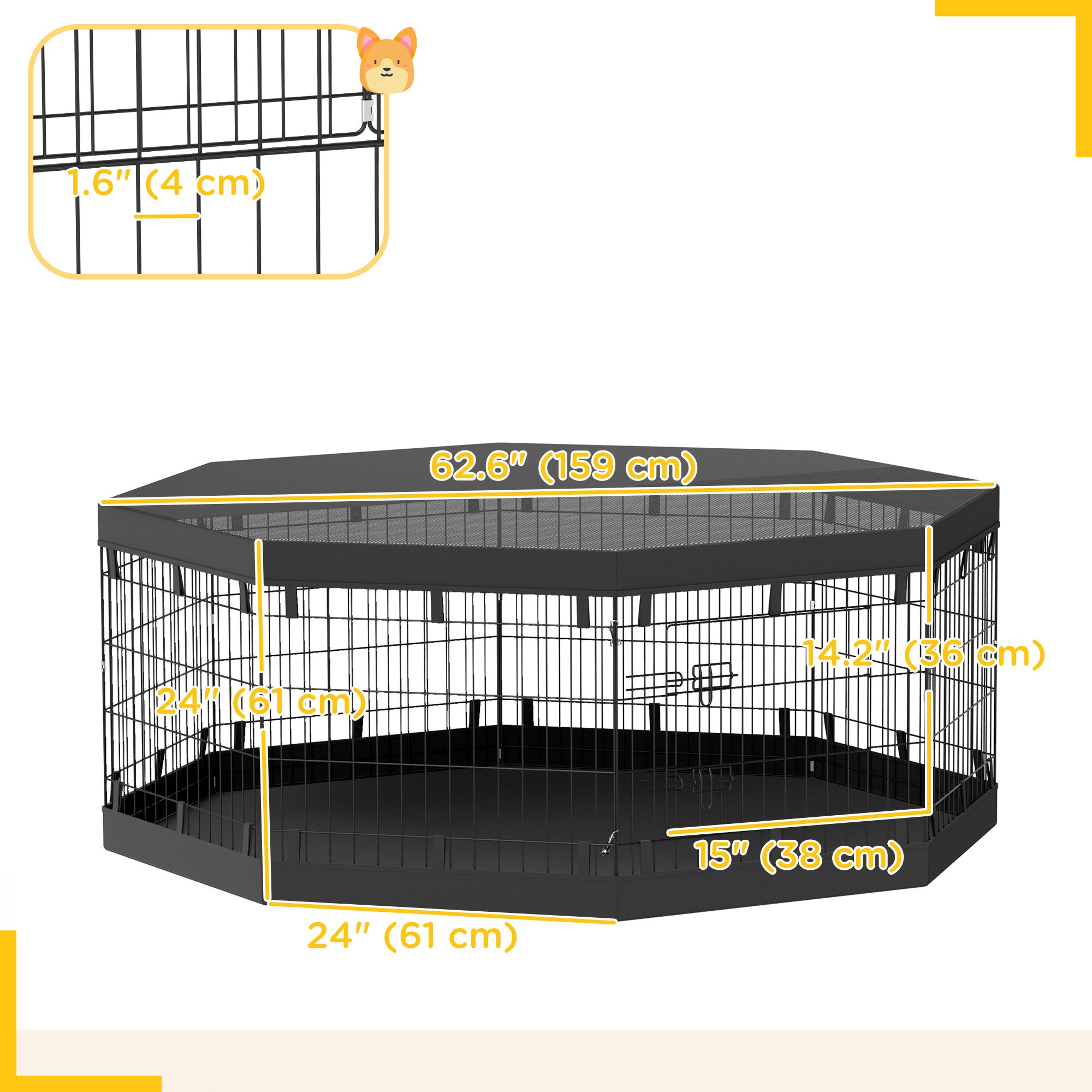 PawHut Dog Playpen, 8 Panels Foldable Dog Pen with Waterproof Bottom Pad, Sunproof Top Cover, 24"H Dog Fence for Indoor Outdoor, for Small and Miniature Dogs and Pets