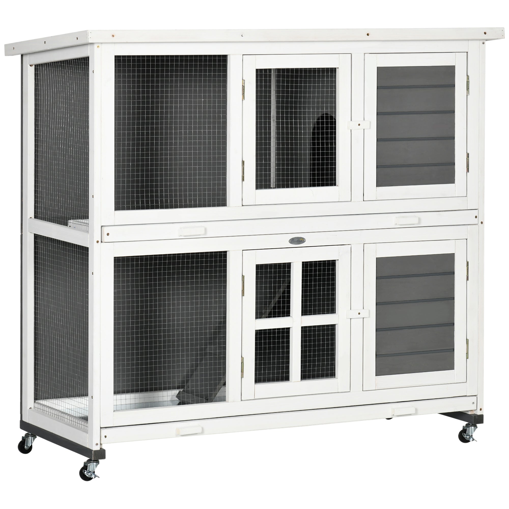 PawHut Wooden Rabbit Hutch, 2 Tier Bunny Cage with Wheels, Waterproof Roof, Removable Tray, Guinea Pig Cage for Outdoor & Indoor, Dark Grey