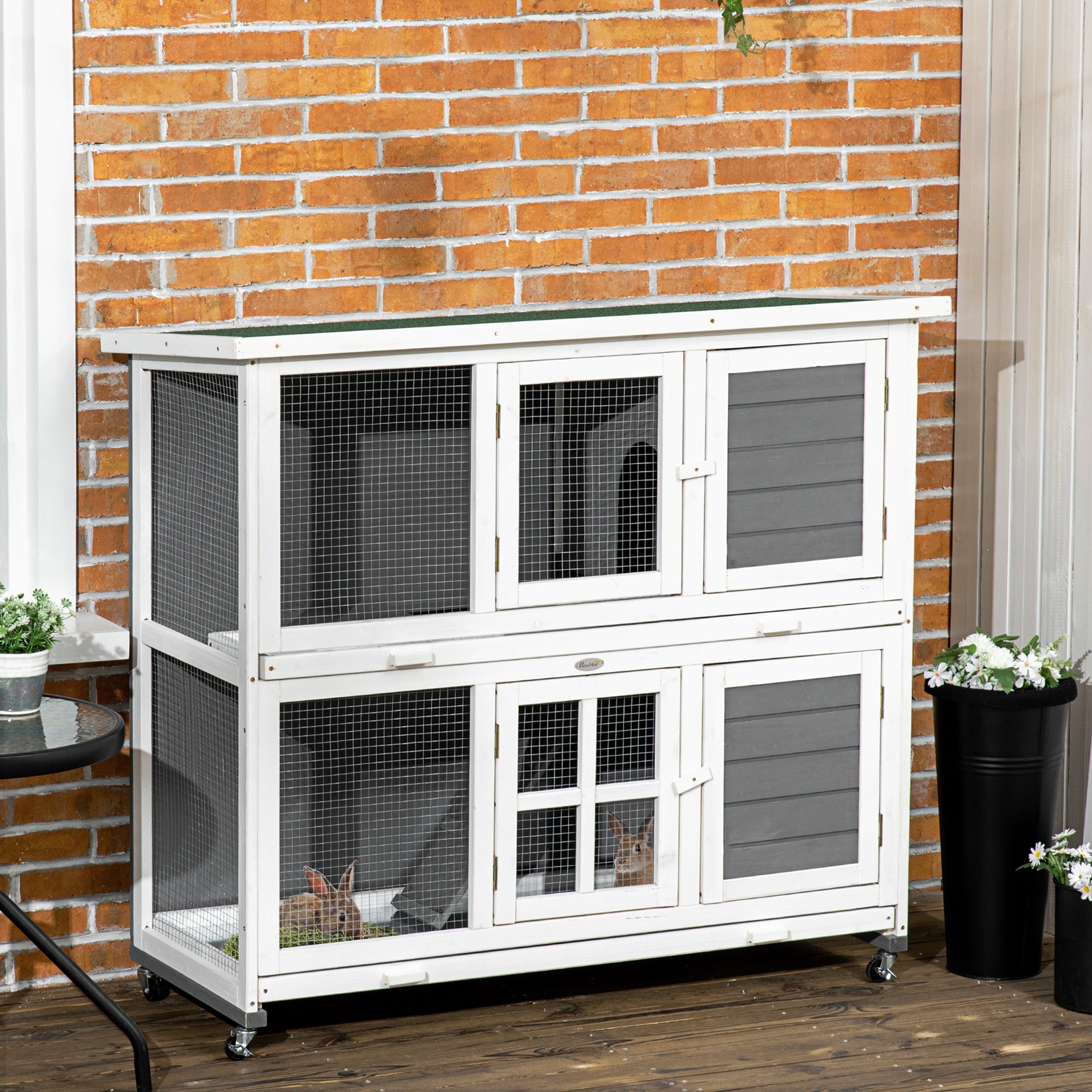PawHut Wooden Rabbit Hutch with Wheels, Guinea Pig Cage, Small Animal House for Outdoor & Indoor with Slide-out Trays, 119 x 50.5 x 109cm, Grey
