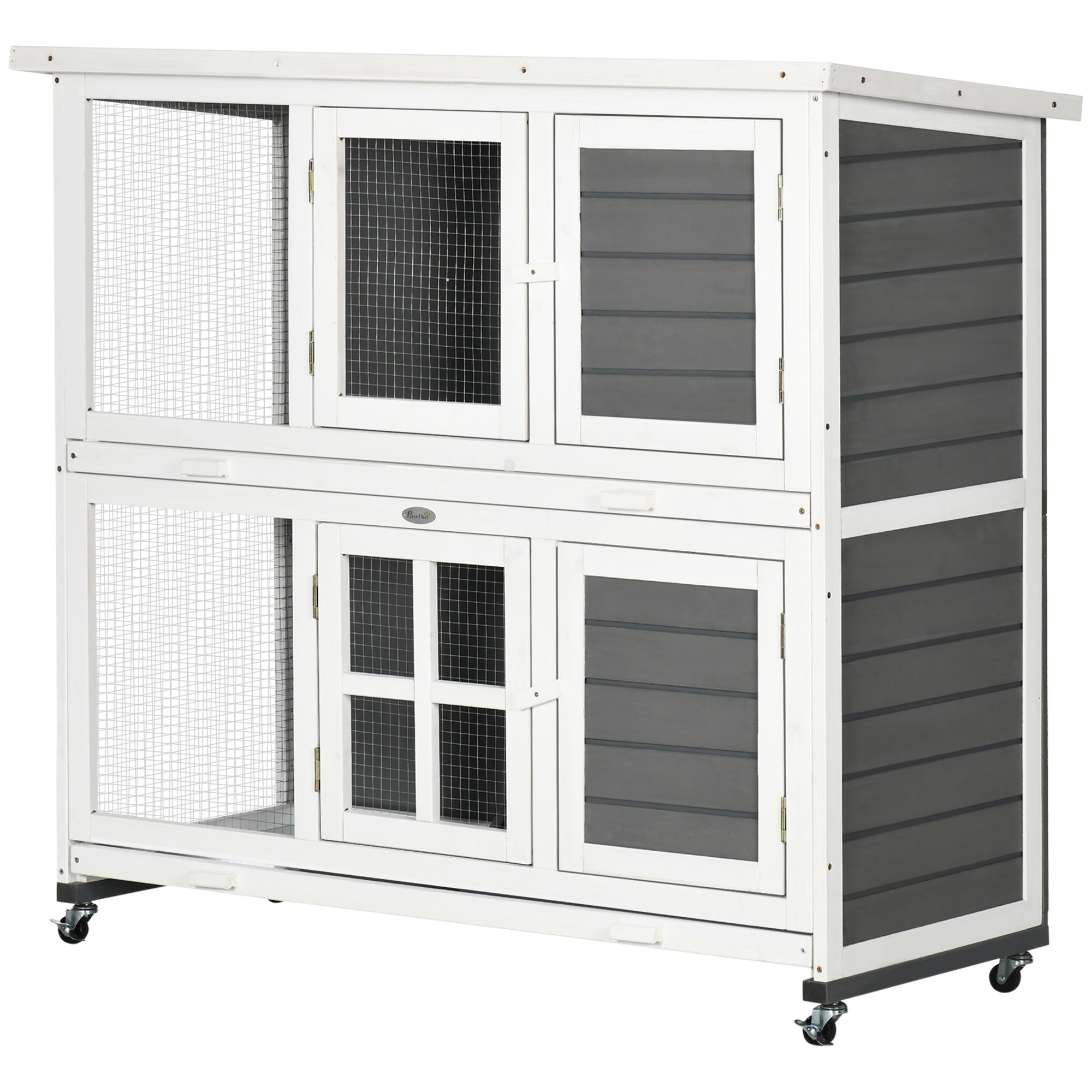 PawHut Wooden Rabbit Hutch, 2 Tier Bunny Cage with Wheels, Waterproof Roof, Removable Tray, Guinea Pig Cage for Outdoor & Indoor, Dark Grey
