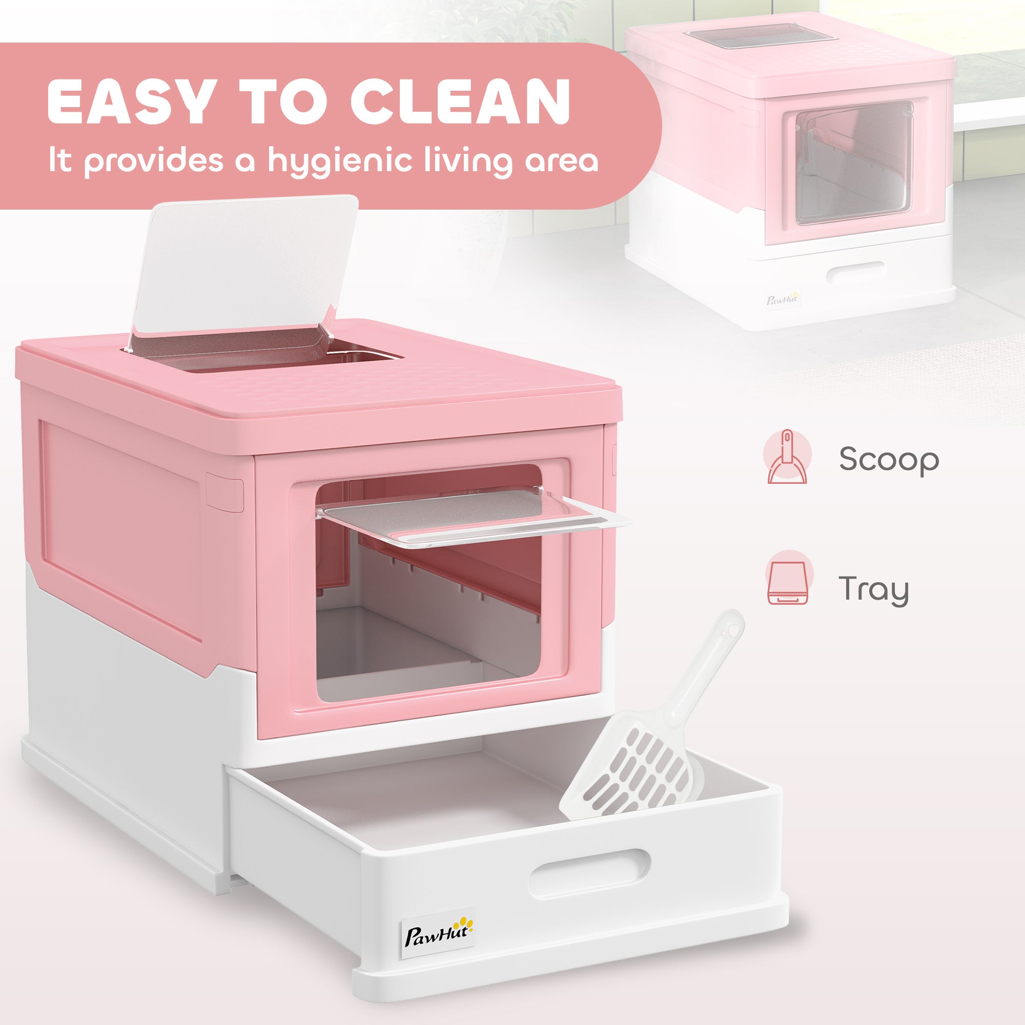 PawHut Cat Litter Tray with Hood Enclosed Cat Litter Box Pet Toilet w/ Lid, Scoop, Front Entry, 47.5 x 35.5 x 36.7cm - Pink