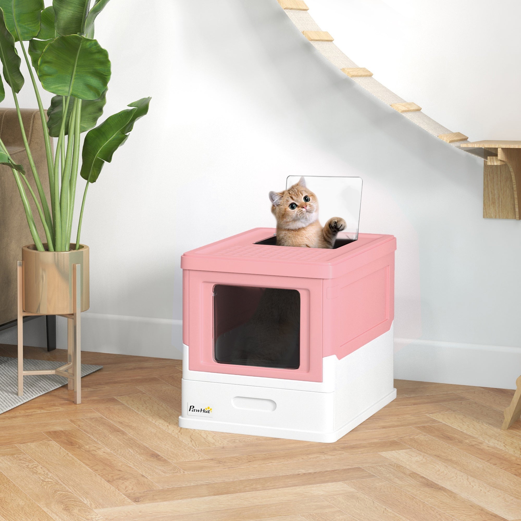 PawHut Cat Litter Box, Top Entry Enclosed Foldable Kitty Litter Box with Scoop, Tray, Portable Kitten Litter Box Enclosure with Front Entry, Large Space, Pink