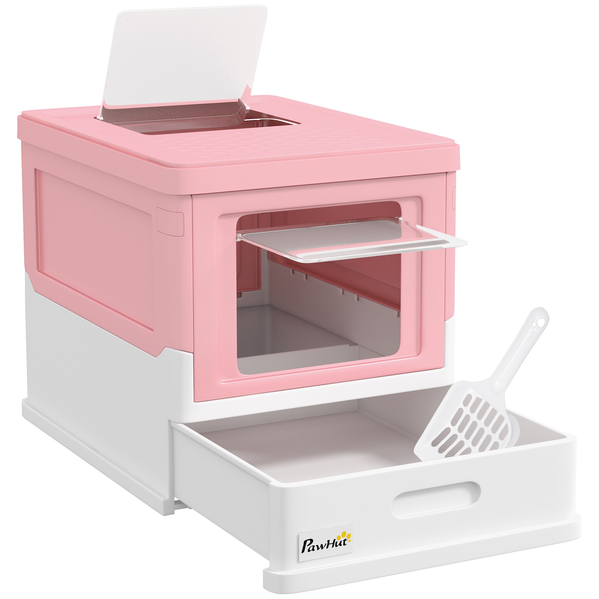 PawHut Cat Litter Box, Top Entry Enclosed Foldable Kitty Litter Box with Scoop, Tray, Portable Kitten Litter Box Enclosure with Front Entry, Large Space, Pink