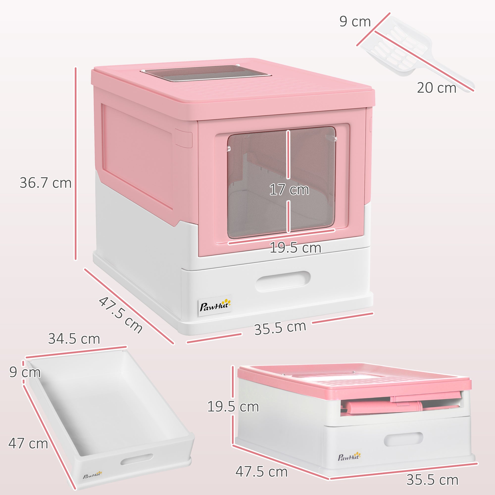 PawHut Cat Litter Tray with Hood Enclosed Cat Litter Box Pet Toilet w/ Lid, Scoop, Front Entry, 47.5 x 35.5 x 36.7cm - Pink