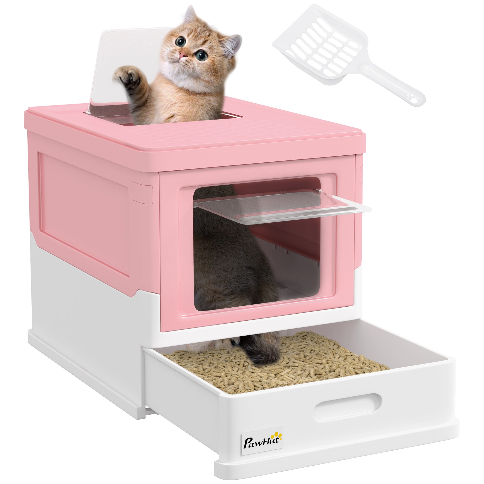 PawHut Cat Litter Box, Top Entry Enclosed Foldable Kitty Litter Box with Scoop, Tray, Portable Kitten Litter Box Enclosure with Front Entry, Large Space, Pink