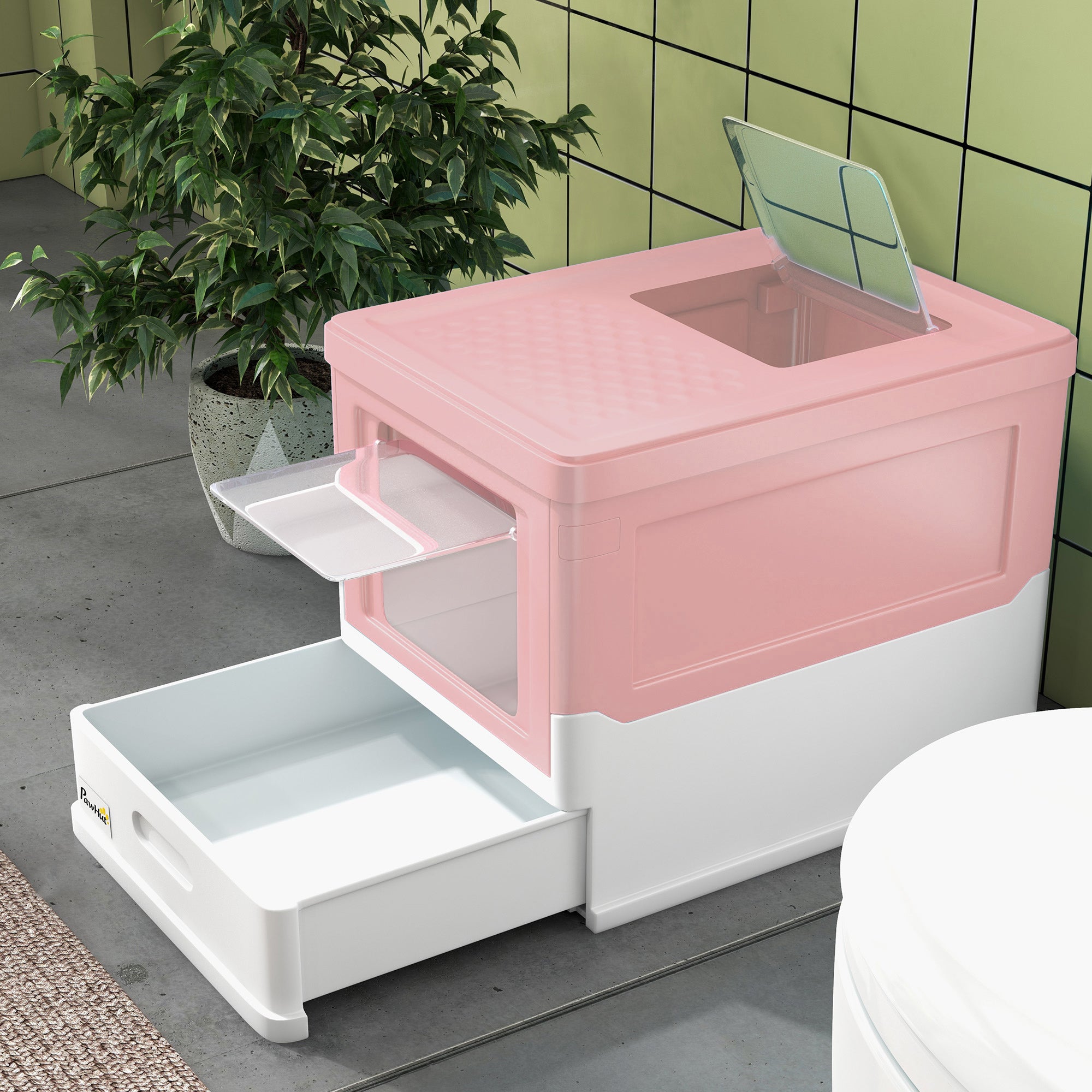 PawHut Cat Litter Tray with Hood Enclosed Cat Litter Box Pet Toilet w/ Lid, Scoop, Front Entry, 47.5 x 35.5 x 36.7cm - Pink