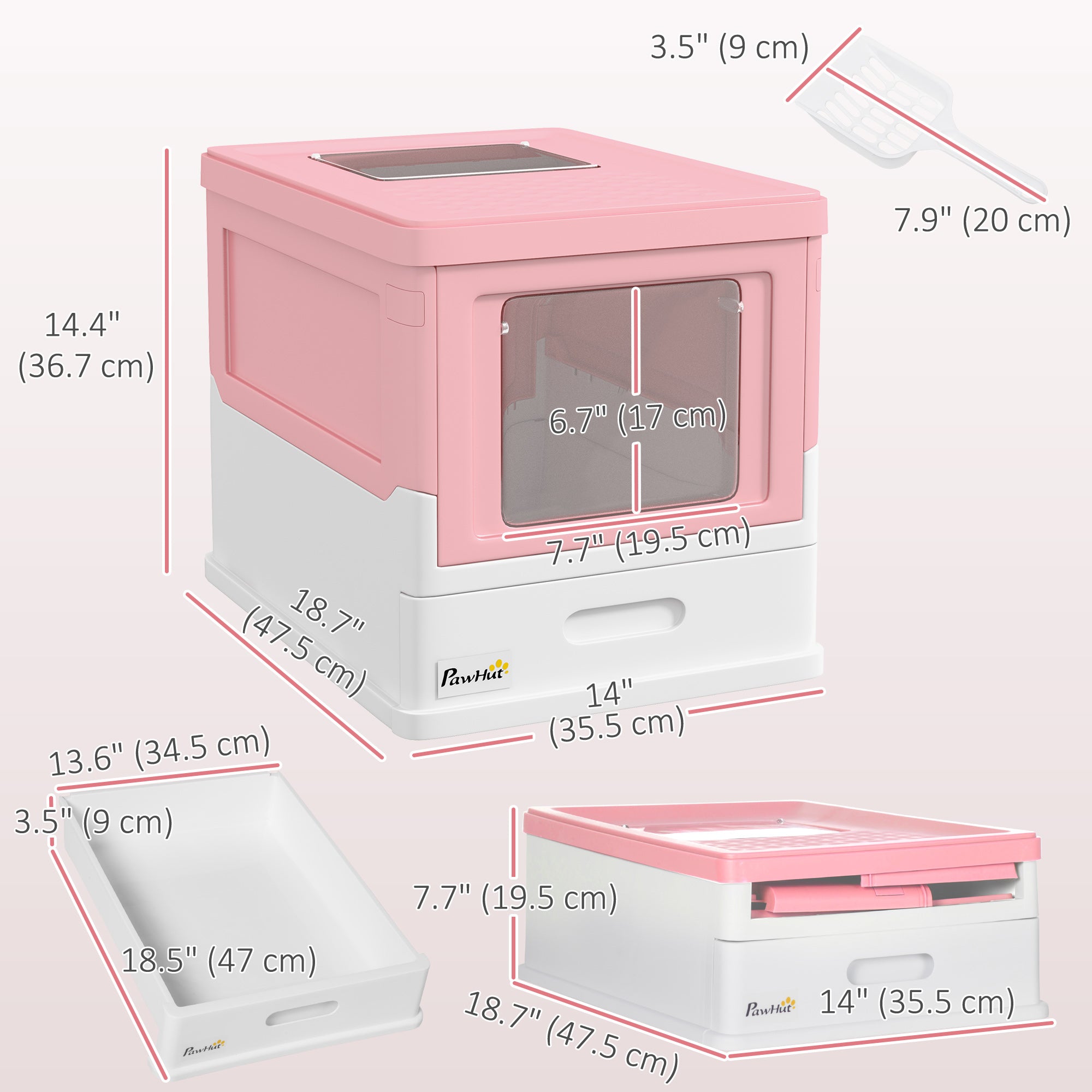 PawHut Cat Litter Box, Top Entry Enclosed Foldable Kitty Litter Box with Scoop, Tray, Portable Kitten Litter Box Enclosure with Front Entry, Large Space, Pink