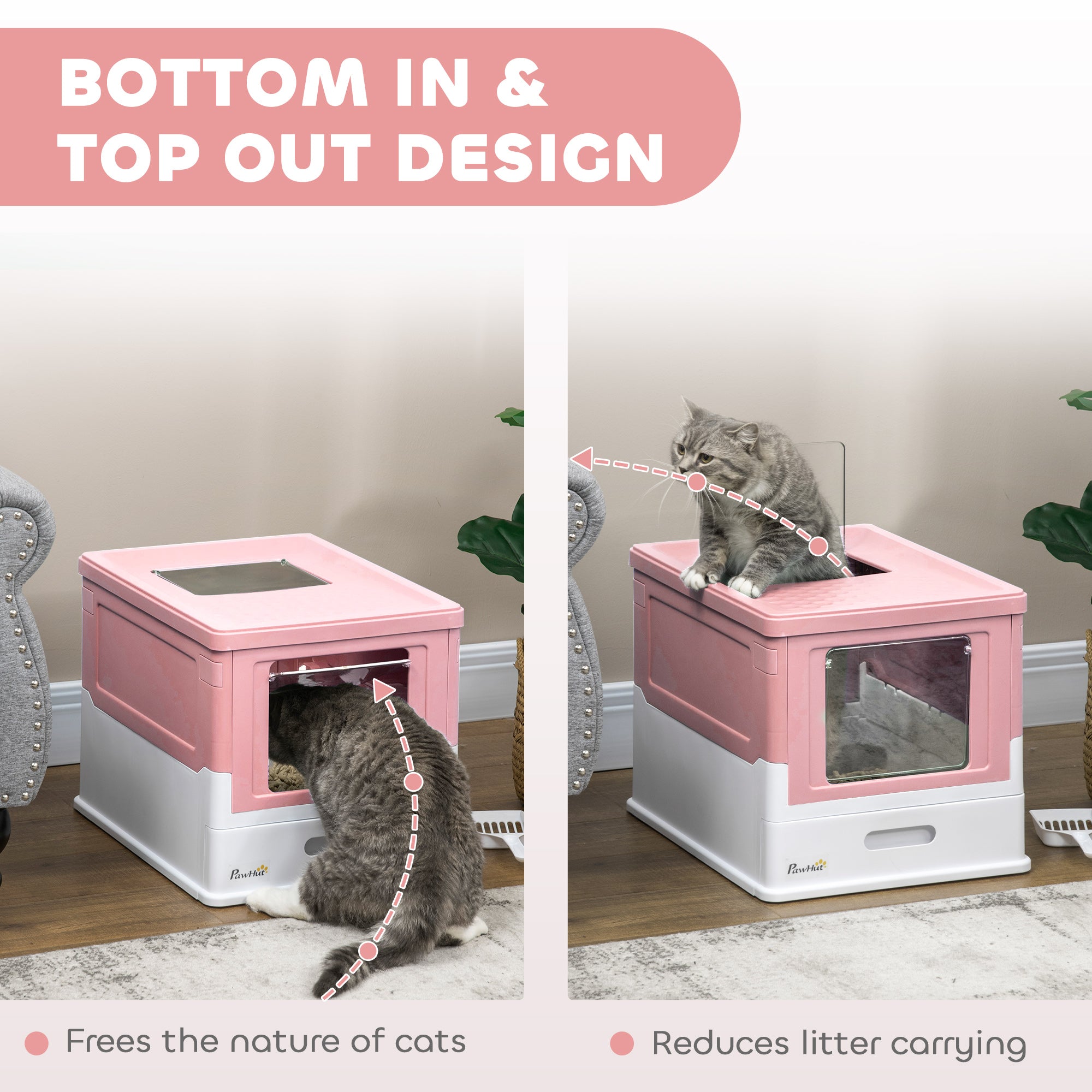 PawHut Cat Litter Box, Top Entry Enclosed Foldable Kitty Litter Box with Scoop, Tray, Portable Kitten Litter Box Enclosure with Front Entry, Large Space, Pink