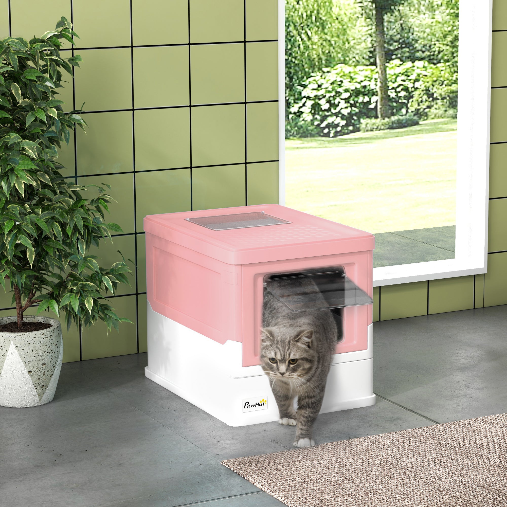 PawHut Cat Litter Box, Top Entry Enclosed Foldable Kitty Litter Box with Scoop, Tray, Portable Kitten Litter Box Enclosure with Front Entry, Large Space, Pink