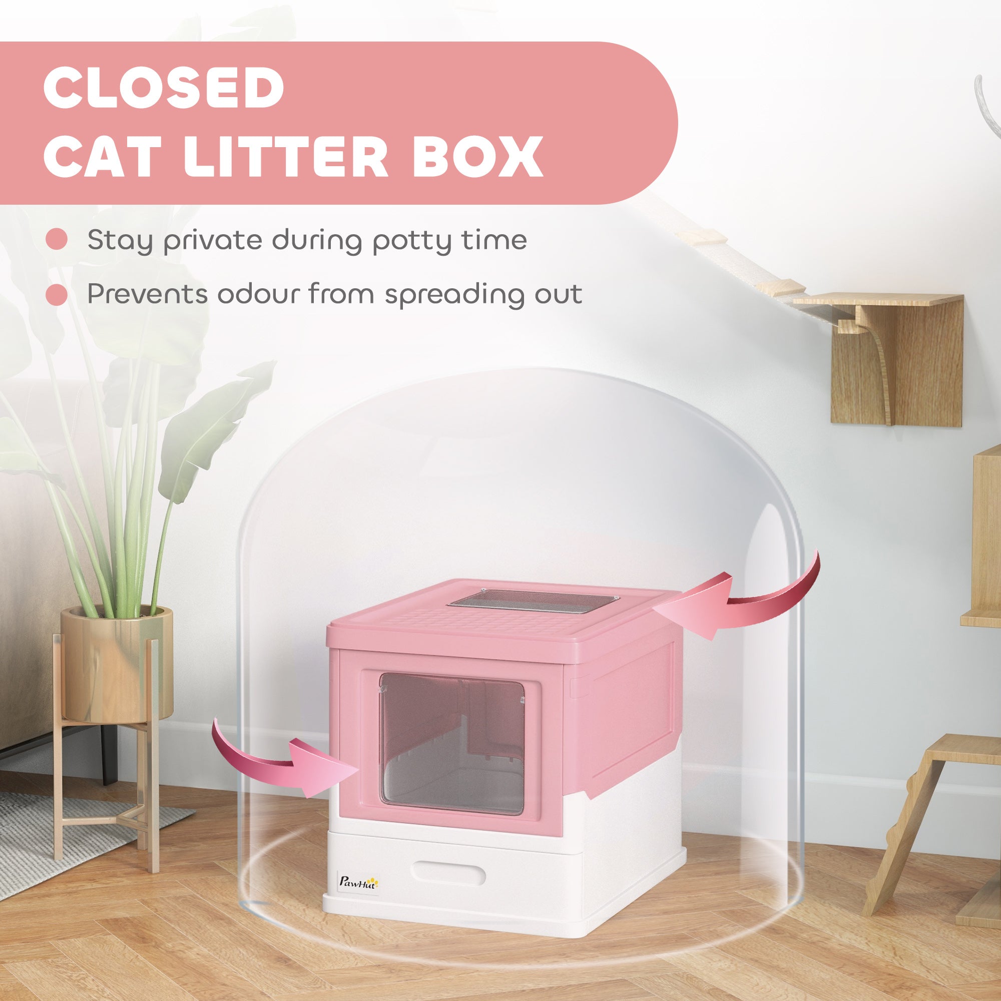 PawHut Cat Litter Box, Top Entry Enclosed Foldable Kitty Litter Box with Scoop, Tray, Portable Kitten Litter Box Enclosure with Front Entry, Large Space, Pink