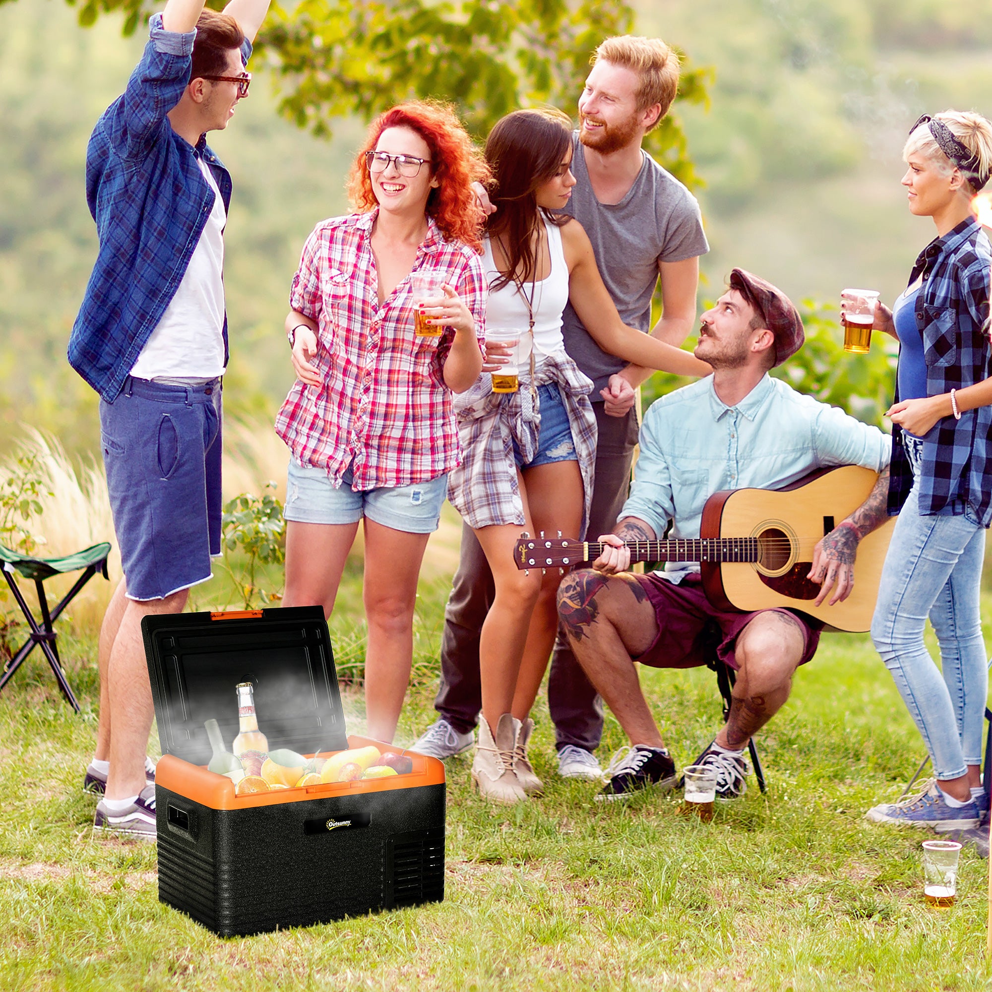 Outsunny 32 Quart Car Fridge, Portable Freezer, Electric Cooler Box with 12/24V DC and 100-240V AC for Camping, Driving, Picnic