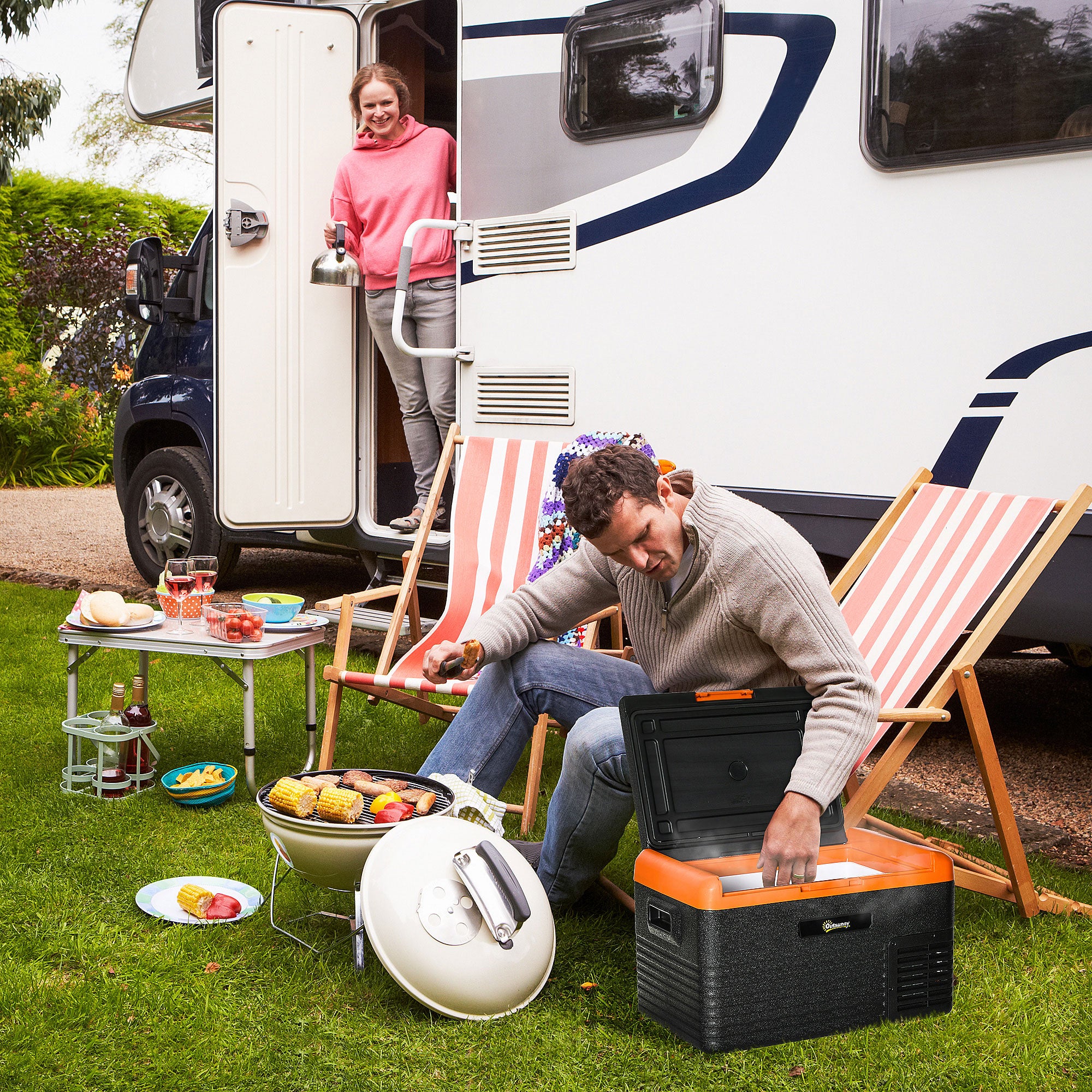 Outsunny 32 Quart Car Fridge, Portable Freezer, Electric Cooler Box with 12/24V DC and 100-240V AC for Camping, Driving, Picnic