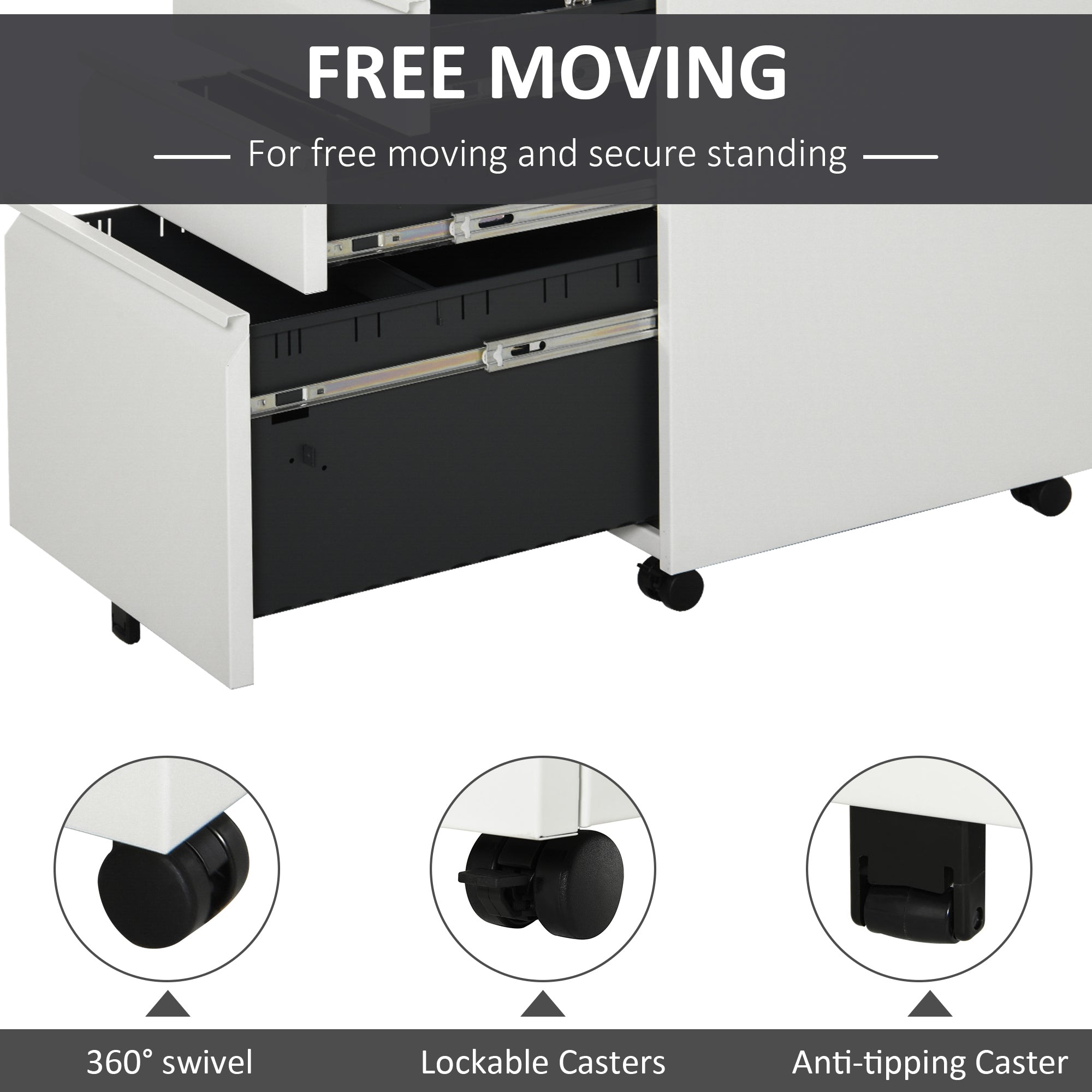 Vinsetto Metal Filing Cabinet with 3 Drawers, Vertical File Cabinet with Lock, Mobile Office Cabinet with Wheels for Legal, Letter, A4 Files, White