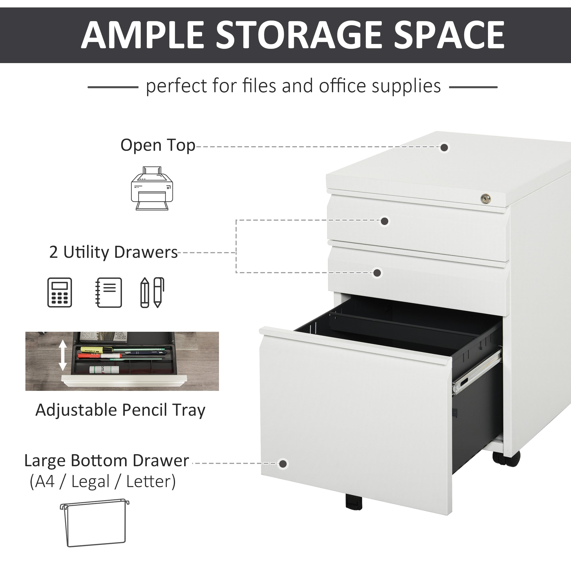 Vinsetto Metal Filing Cabinet with 3 Drawers, Vertical File Cabinet with Lock, Mobile Office Cabinet with Wheels for Legal, Letter, A4 Files, White