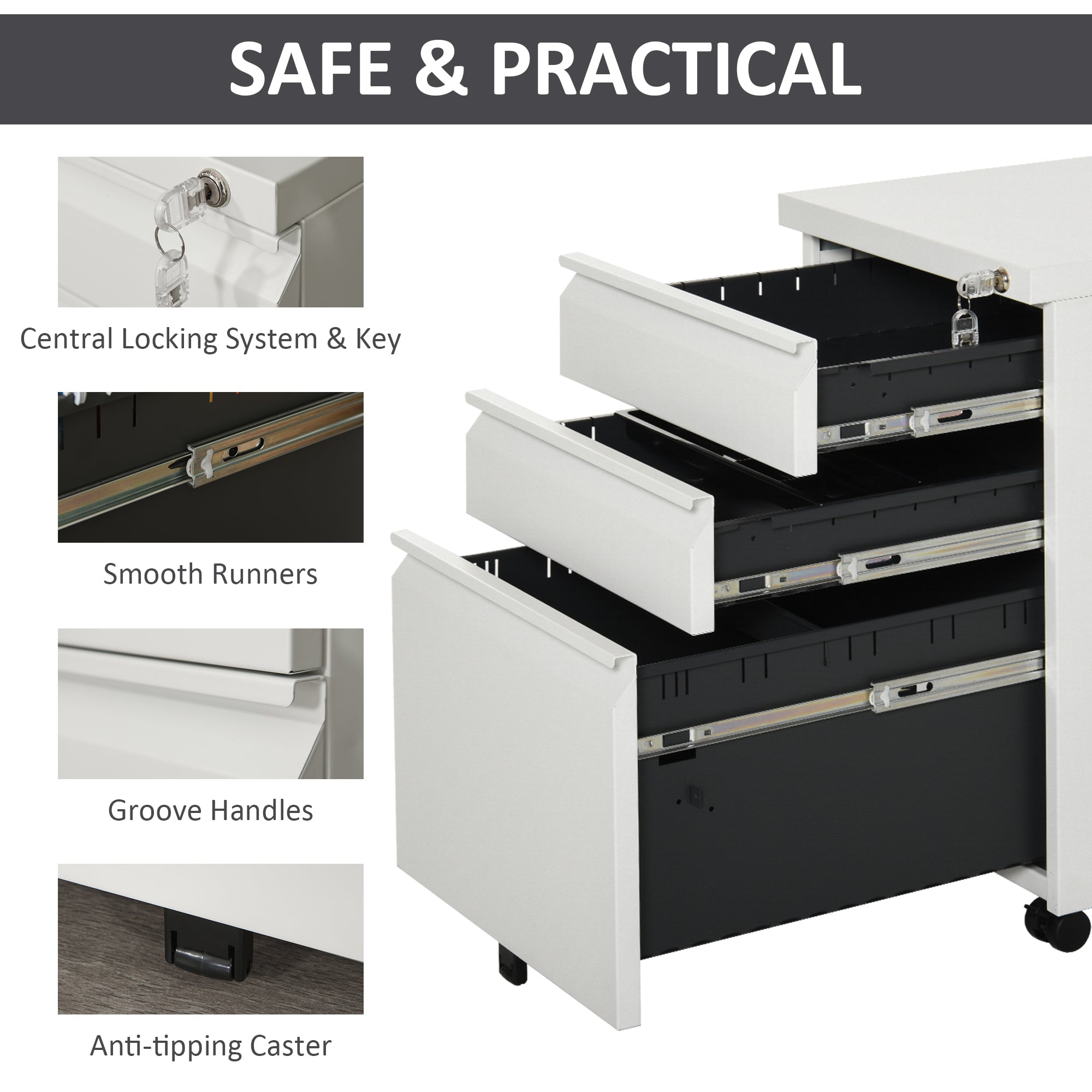 Vinsetto Metal Filing Cabinet with 3 Drawers, Vertical File Cabinet with Lock, Mobile Office Cabinet with Wheels for Legal, Letter, A4 Files, White