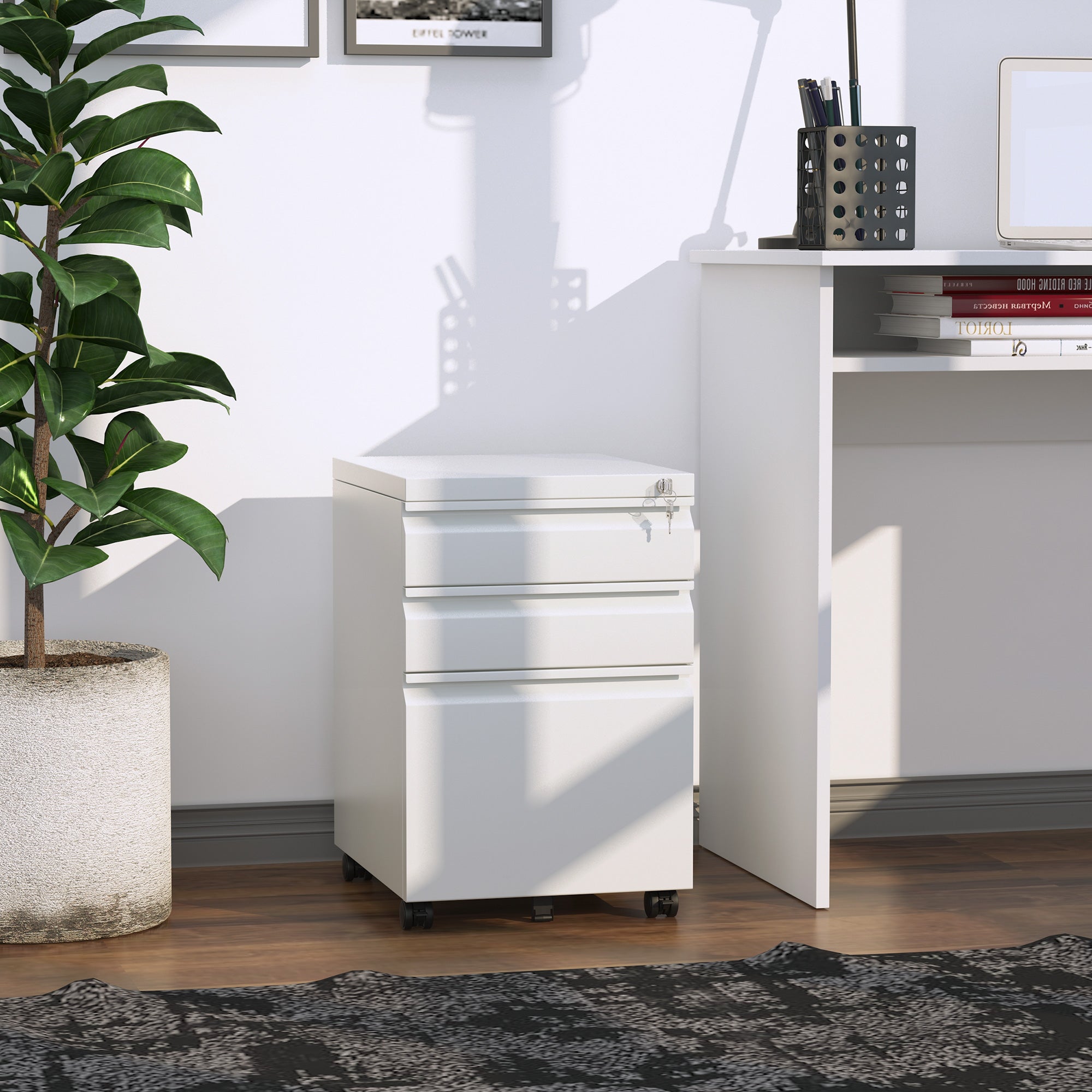 Vinsetto Metal Filing Cabinet with 3 Drawers, Vertical File Cabinet with Lock, Mobile Office Cabinet with Wheels for Legal, Letter, A4 Files, White