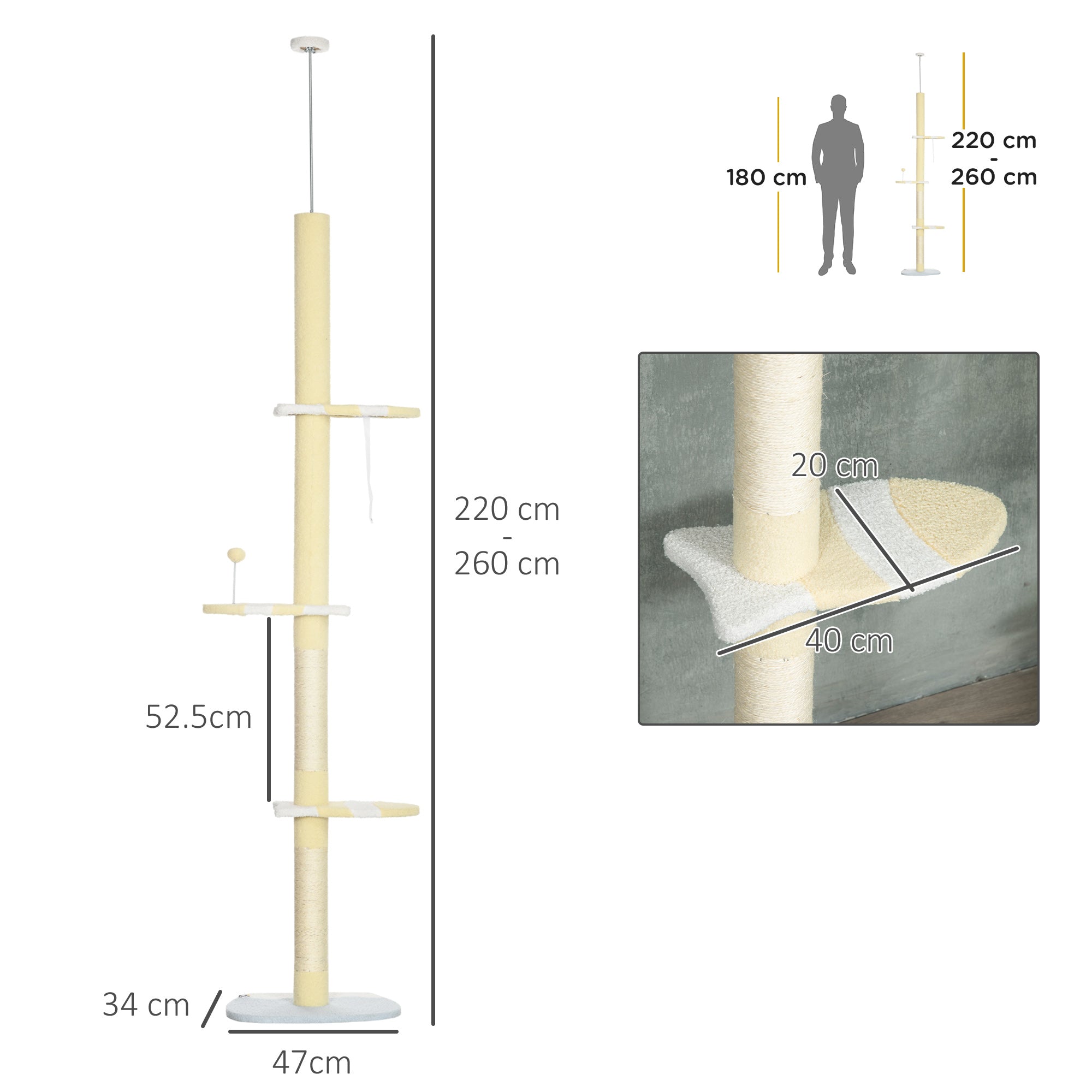 PawHut 260cm Floor to Ceiling Cat Tree, Height Adjustable Kitten Tower with Anti-slip Kit, Multi-Layer Activity Centre w/ Fish-shaped Perches Scratching Post Ball Toy - Yellow