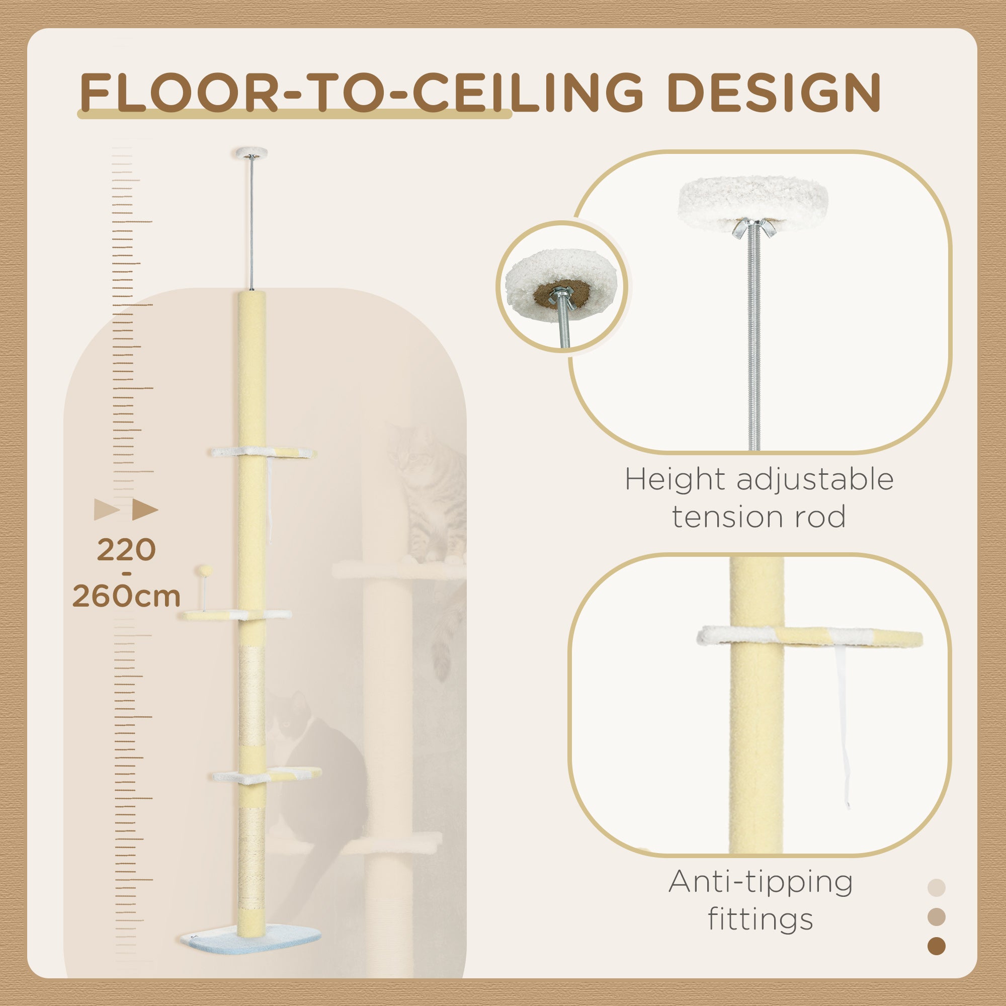 PawHut 260cm Floor to Ceiling Cat Tree, Height Adjustable Kitten Tower with Anti-slip Kit, Multi-Layer Activity Centre w/ Fish-shaped Perches Scratching Post Ball Toy - Yellow