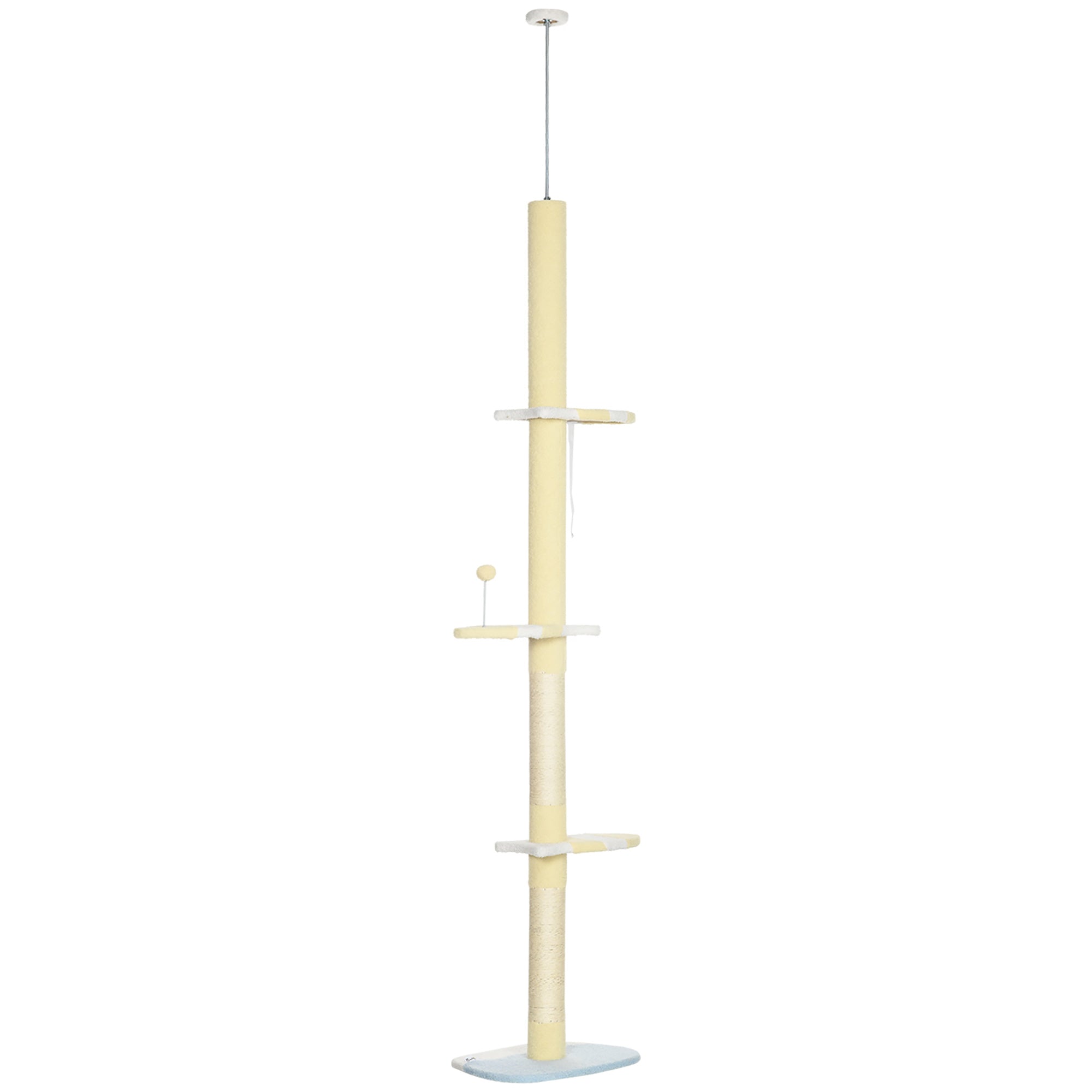 PawHut 260cm Floor to Ceiling Cat Tree, Height Adjustable Kitten Tower with Anti-slip Kit, Multi-Layer Activity Centre w/ Fish-shaped Perches Scratching Post Ball Toy - Yellow