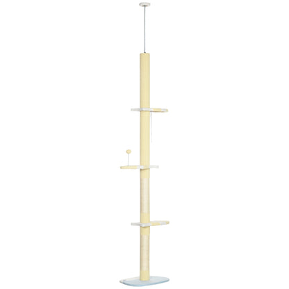 PawHut 260cm Floor to Ceiling Cat Tree, Height Adjustable Kitten Tower with Anti-slip Kit, Multi-Layer Activity Centre w/ Fish-shaped Perches Scratching Post Ball Toy - Yellow