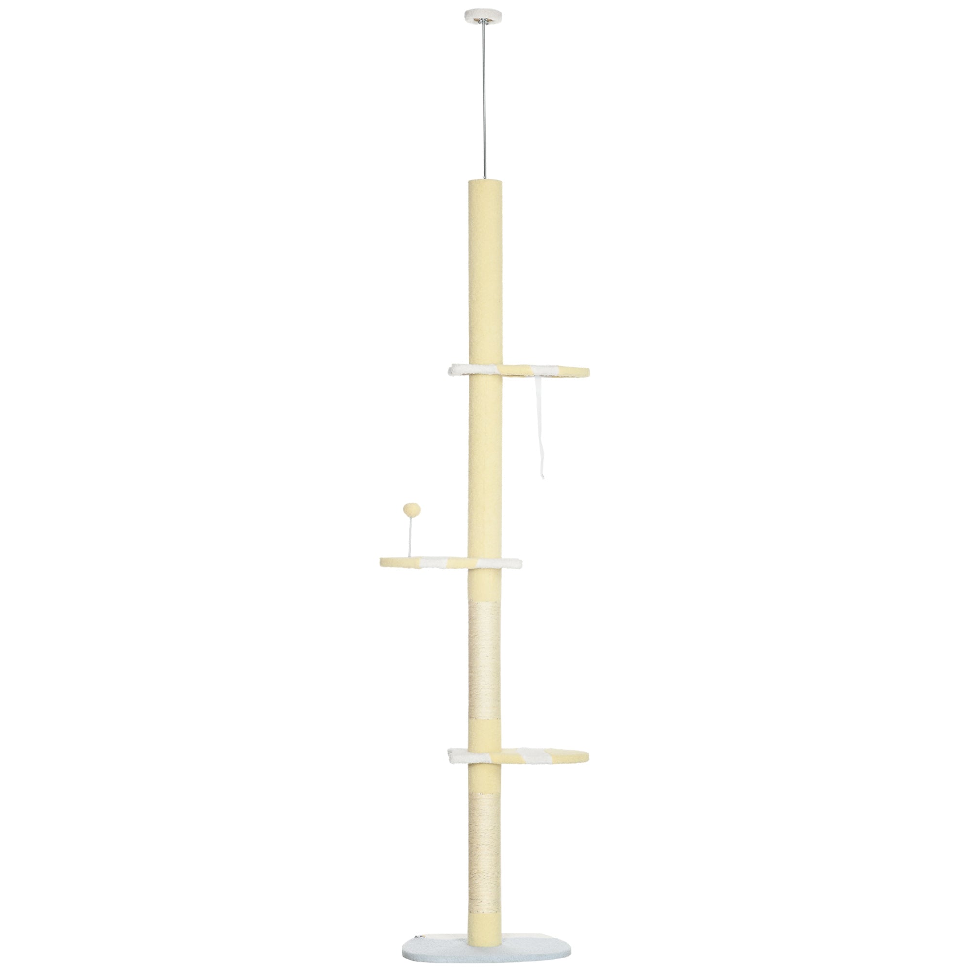 PawHut 260cm Floor to Ceiling Cat Tree, Height Adjustable Kitten Tower with Anti-slip Kit, Multi-Layer Activity Centre w/ Fish-shaped Perches Scratching Post Ball Toy - Yellow