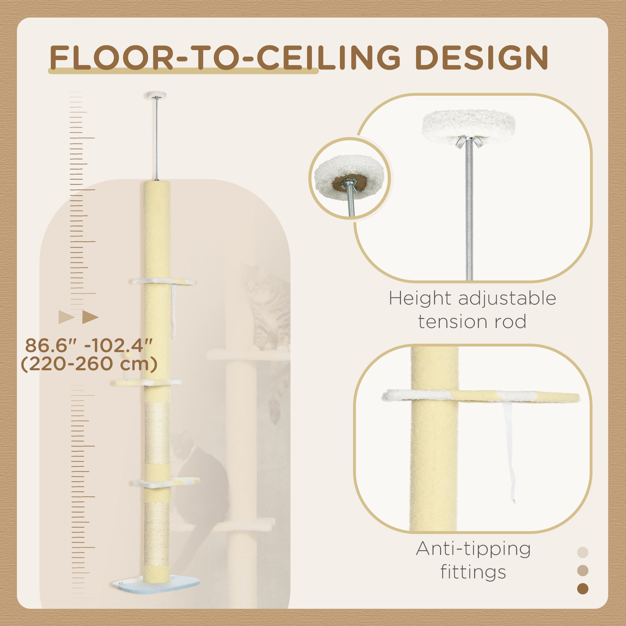 PawHut Floor to Ceiling Cat Tree,  4-tier Cat Tower for Large Cats with Adjustable Height 87"-102", Sisal Scratching Posts, Anti-tip Kit, Perches, Toy Ball, Yellow