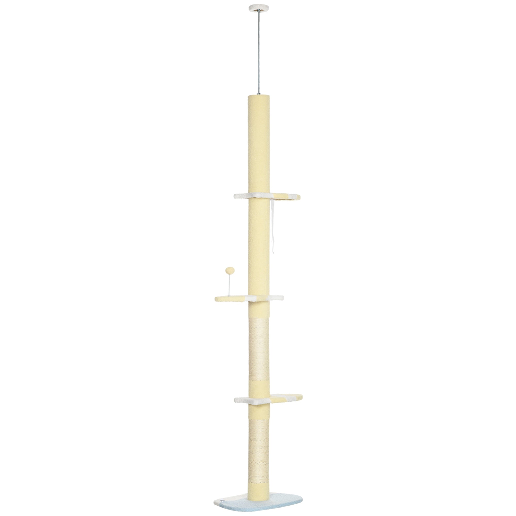 PawHut Floor to Ceiling Cat Tree,  4-tier Cat Tower for Large Cats with Adjustable Height 87"-102", Sisal Scratching Posts, Anti-tip Kit, Perches, Toy Ball, Yellow