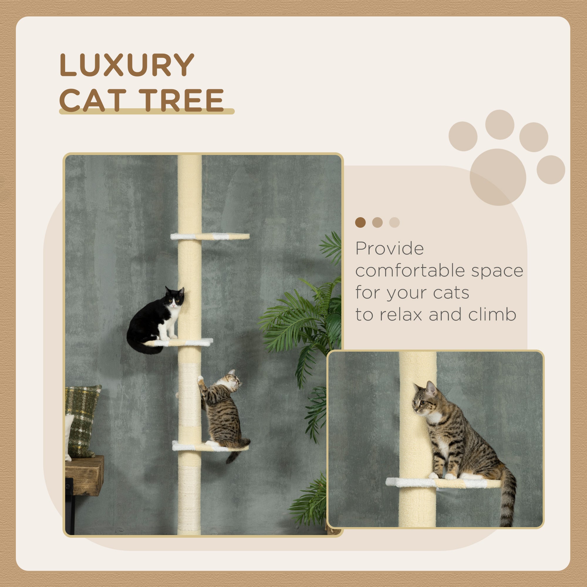 PawHut Floor to Ceiling Cat Tree,  4-tier Cat Tower for Large Cats with Adjustable Height 87"-102", Sisal Scratching Posts, Anti-tip Kit, Perches, Toy Ball, Yellow