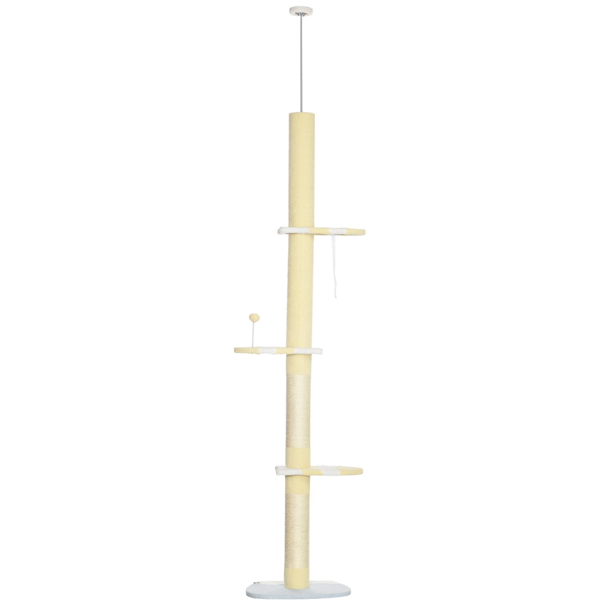 PawHut Floor to Ceiling Cat Tree,  4-tier Cat Tower for Large Cats with Adjustable Height 87"-102", Sisal Scratching Posts, Anti-tip Kit, Perches, Toy Ball, Yellow