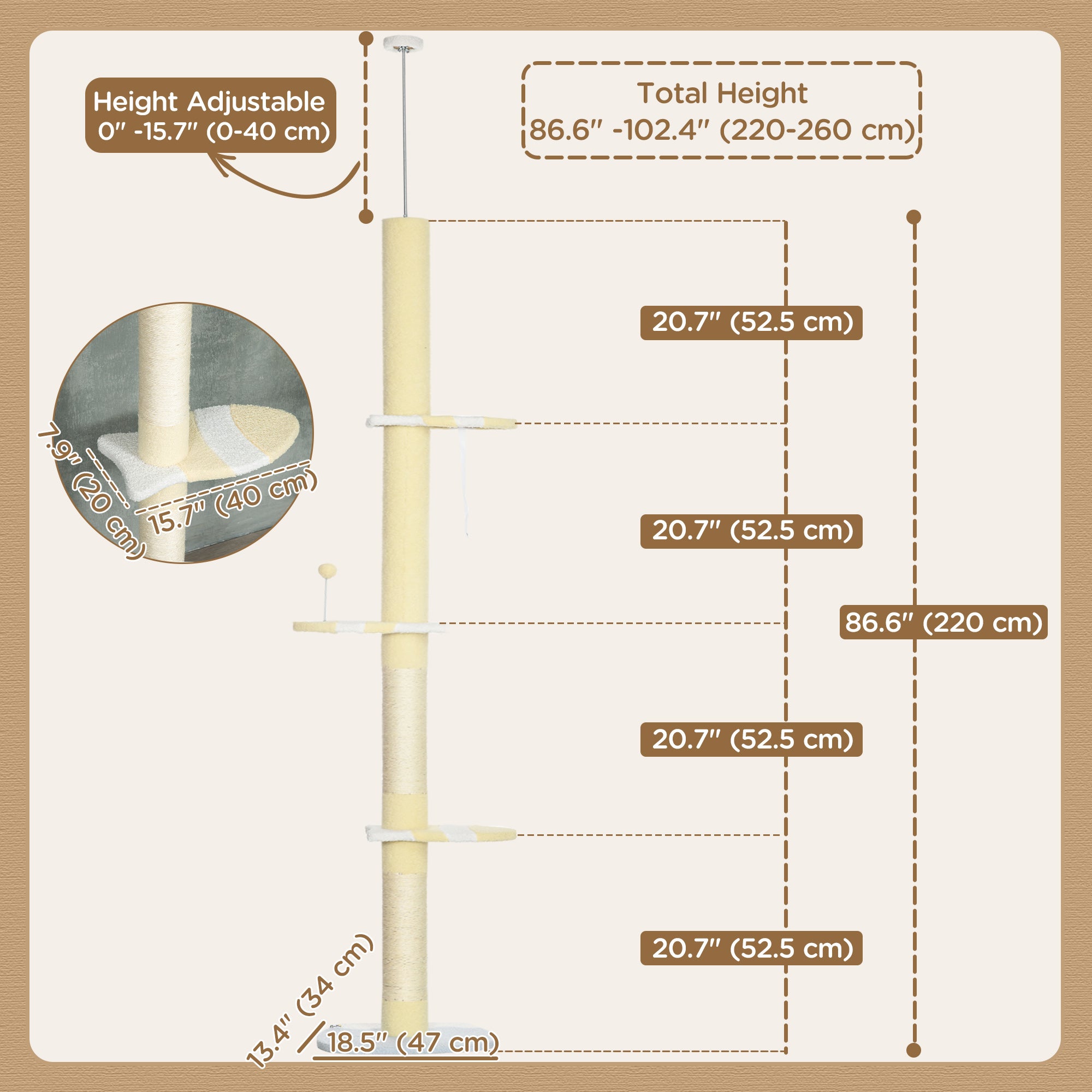 PawHut Floor to Ceiling Cat Tree,  4-tier Cat Tower for Large Cats with Adjustable Height 87"-102", Sisal Scratching Posts, Anti-tip Kit, Perches, Toy Ball, Yellow