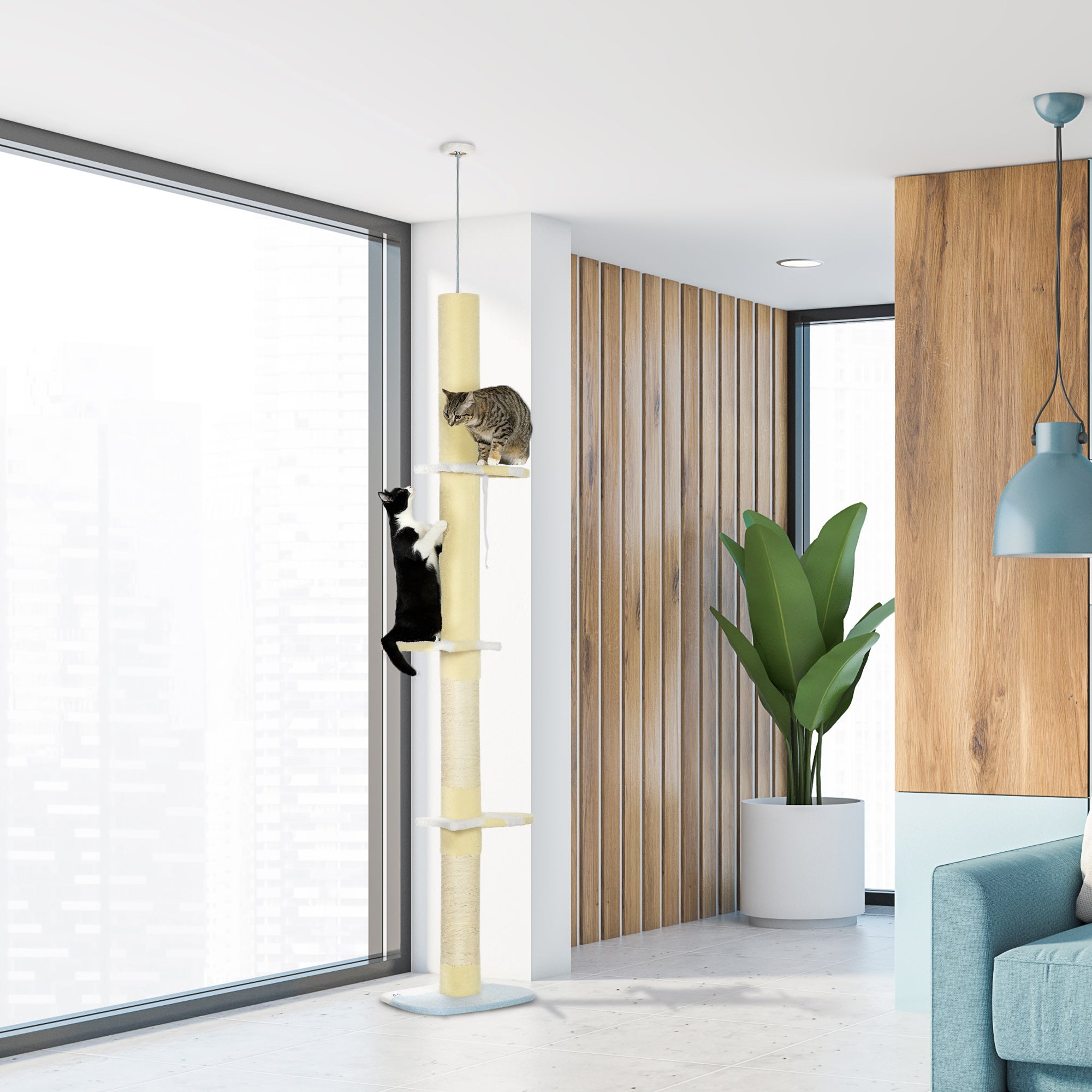 PawHut Floor to Ceiling Cat Tree,  4-tier Cat Tower for Large Cats with Adjustable Height 87"-102", Sisal Scratching Posts, Anti-tip Kit, Perches, Toy Ball, Yellow