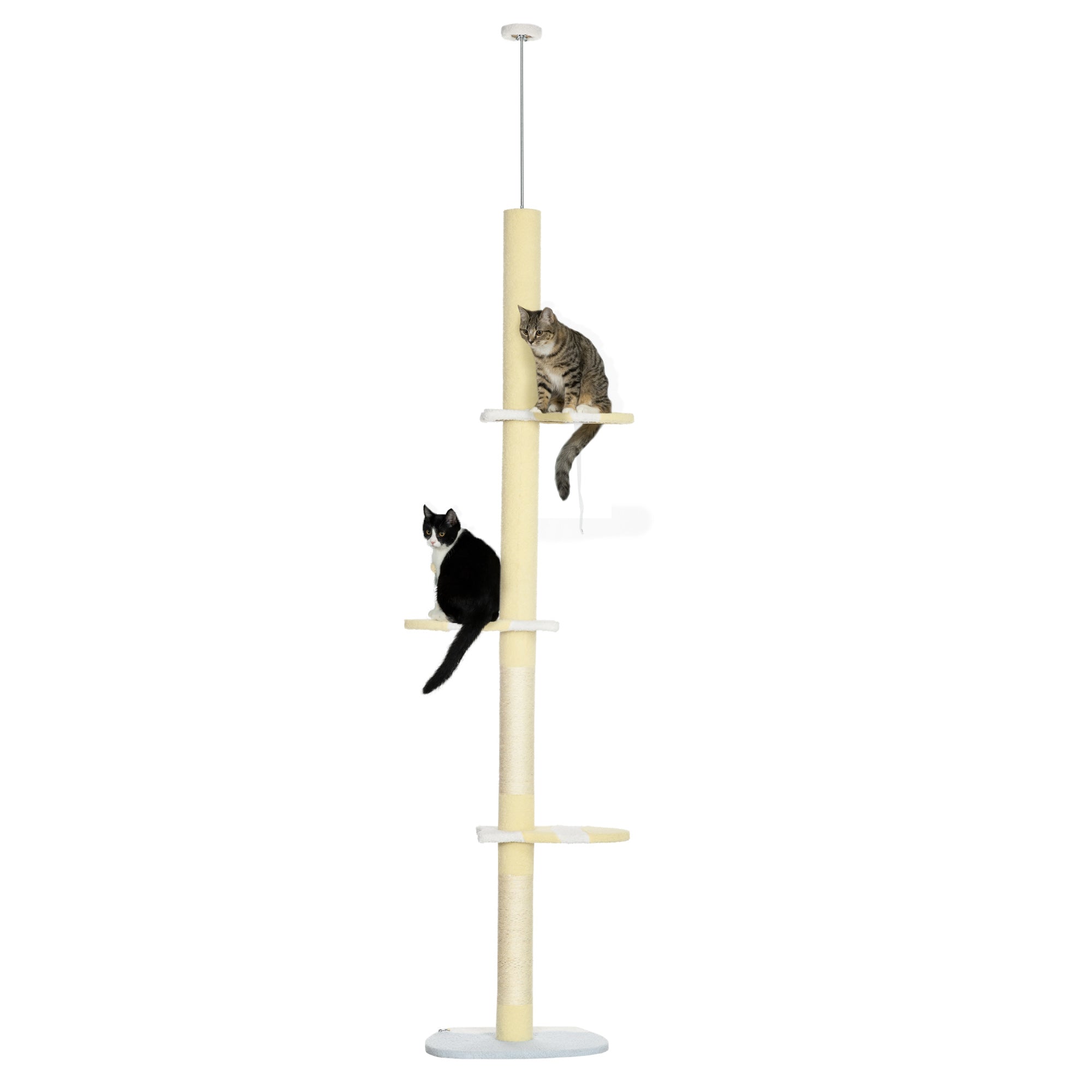 PawHut 260cm Floor to Ceiling Cat Tree, Height Adjustable Kitten Tower with Anti-slip Kit, Multi-Layer Activity Centre w/ Fish-shaped Perches Scratching Post Ball Toy - Yellow