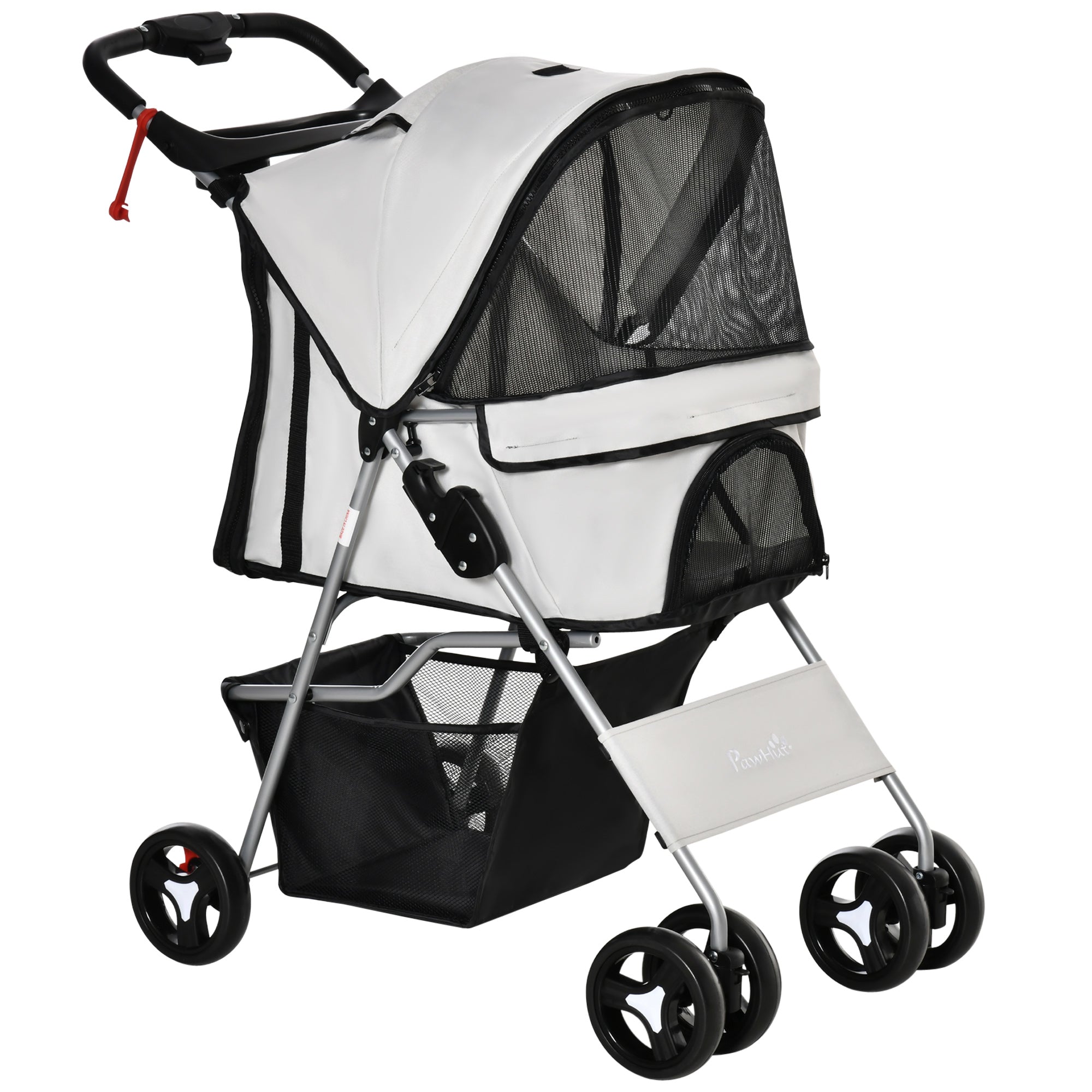 PawHut Dog Stroller, Foldable Pet Stroller for XS and Small Dogs and Cats, 4 Wheels Travel Carrier with Cup Holder, Storage Basket, 360° Wwiveling Front Wheels, Grey