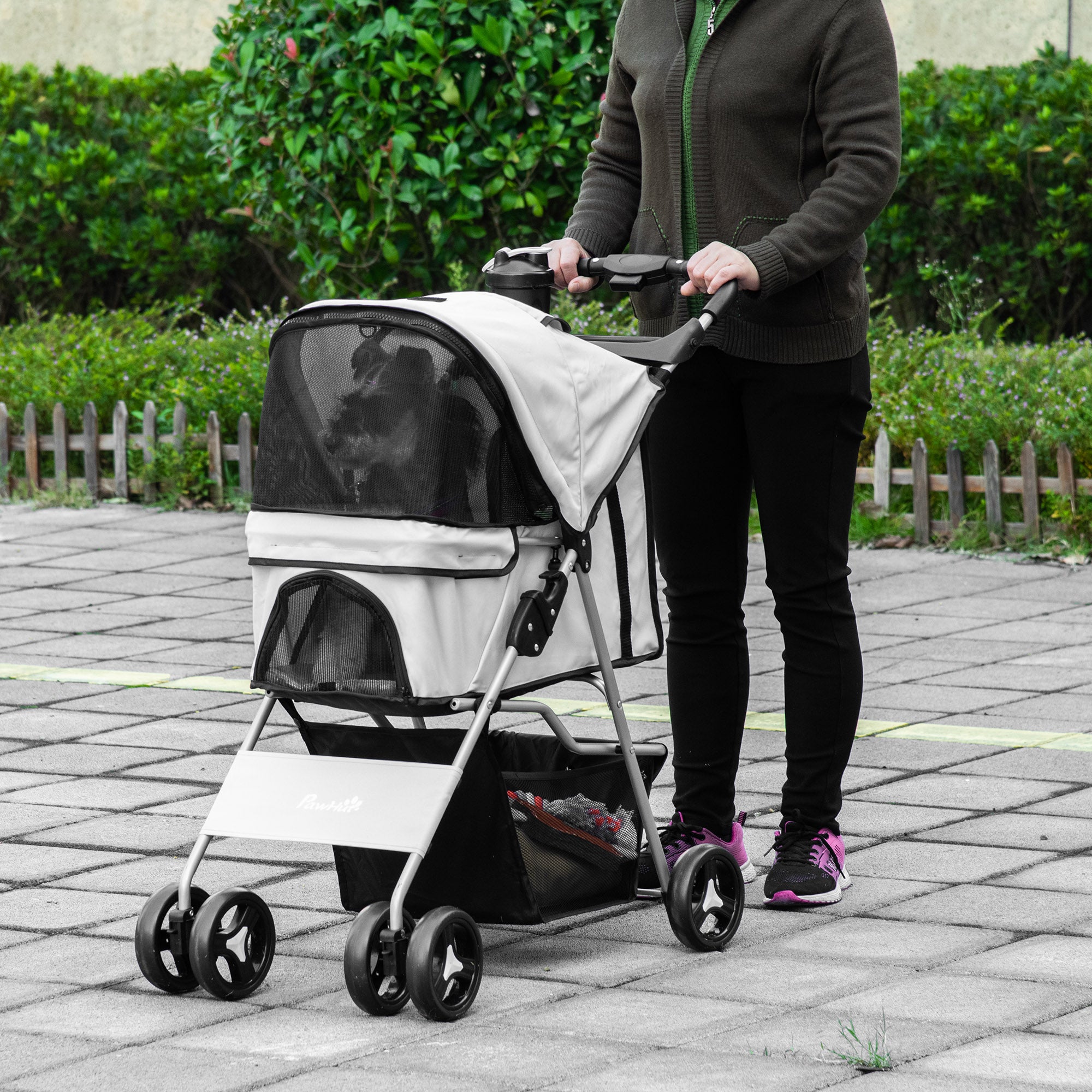 PawHut Dog Stroller, Foldable Pet Stroller for XS and Small Dogs and Cats, 4 Wheels Travel Carrier with Cup Holder, Storage Basket, 360° Wwiveling Front Wheels, Grey