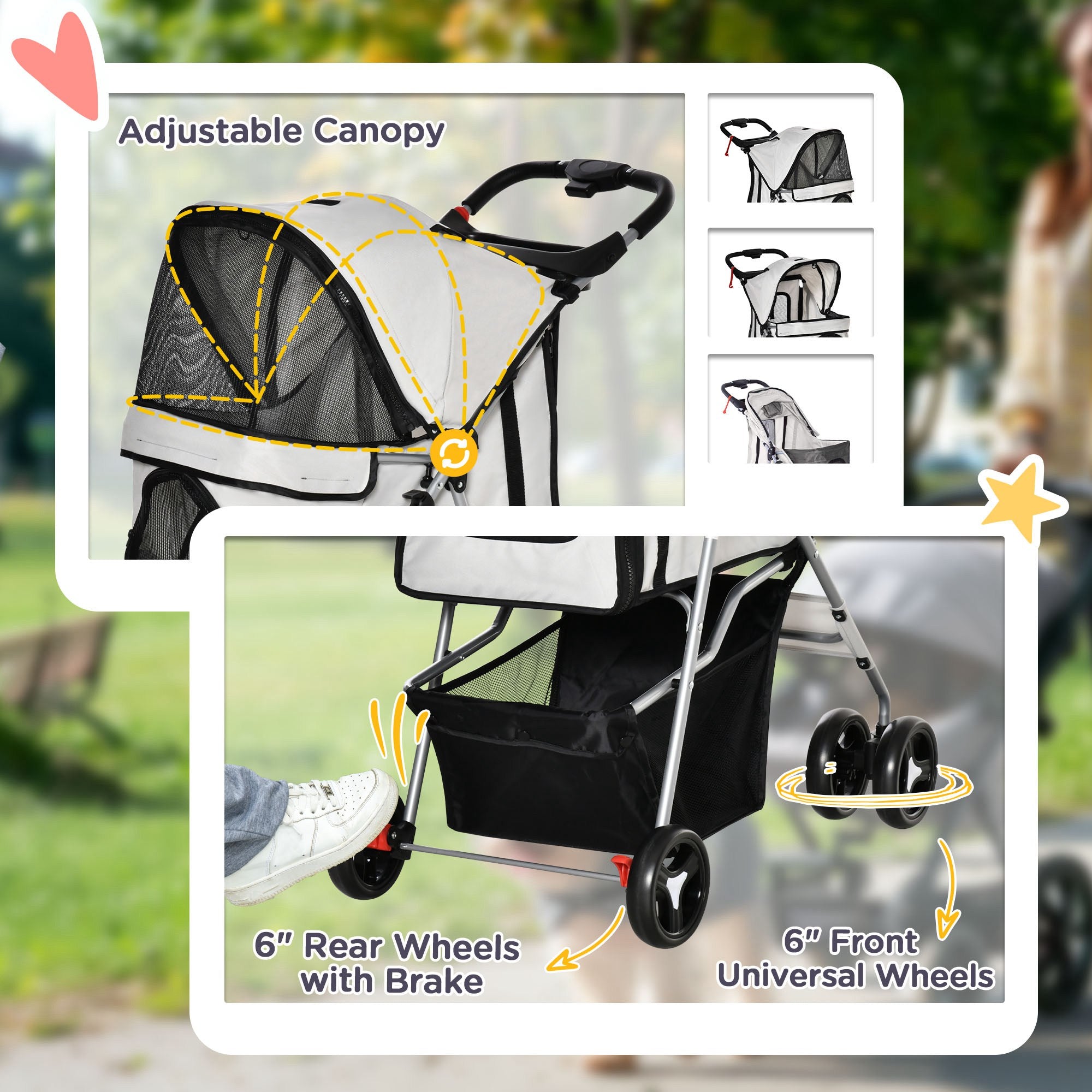 PawHut Dog Stroller, Foldable Pet Stroller for XS and Small Dogs and Cats, 4 Wheels Travel Carrier with Cup Holder, Storage Basket, 360° Wwiveling Front Wheels, Grey