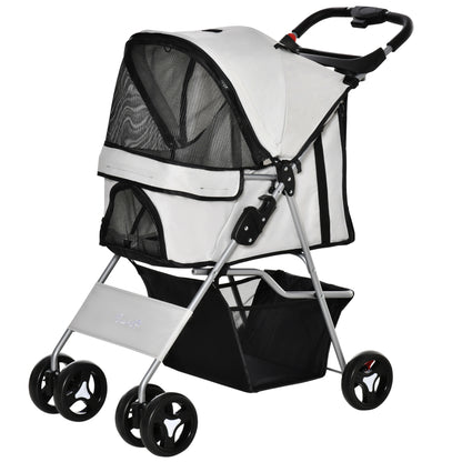 PawHut Dog Stroller, Foldable Pet Stroller for XS and Small Dogs and Cats, 4 Wheels Travel Carrier with Cup Holder, Storage Basket, 360° Wwiveling Front Wheels, Grey
