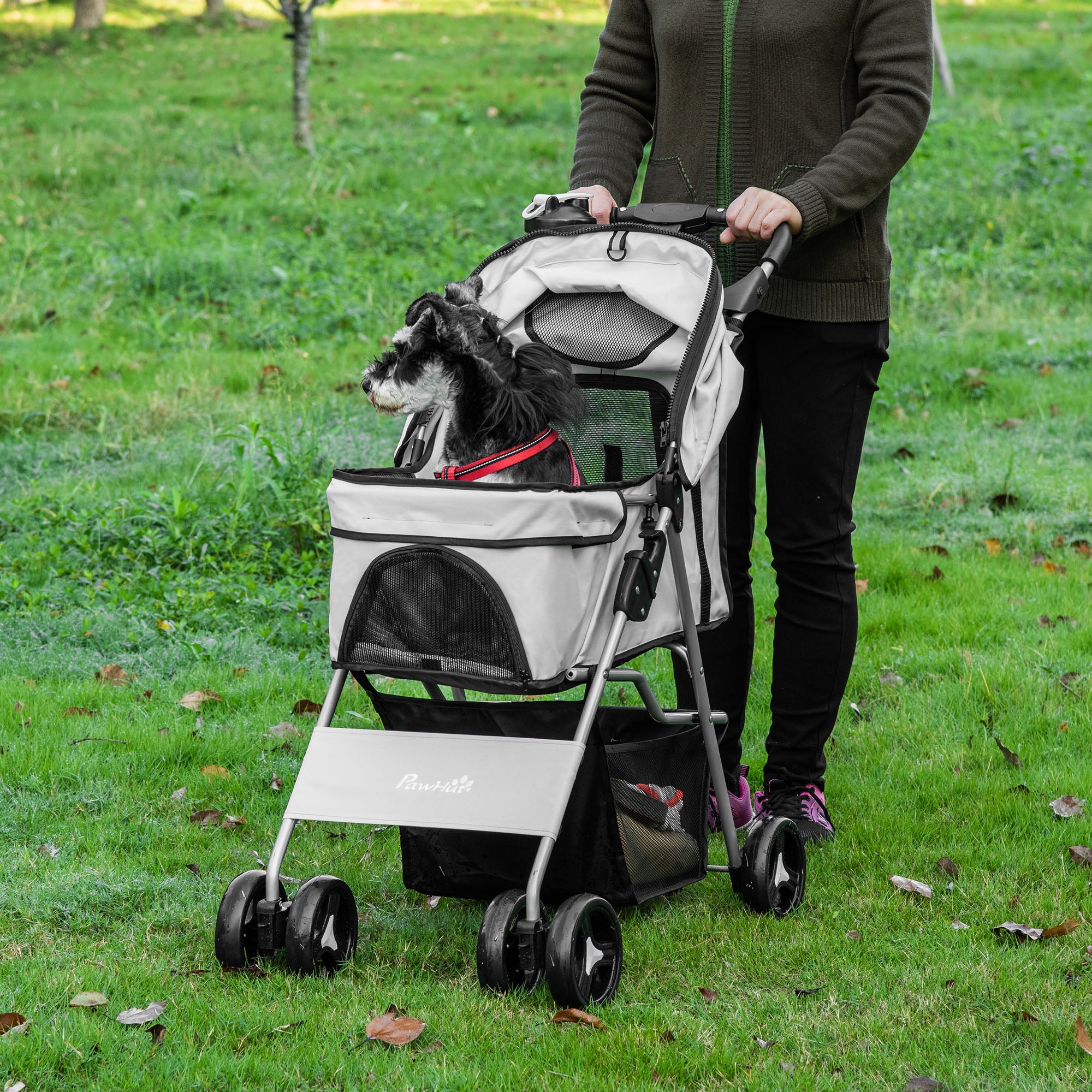 PawHut Dog Stroller, Foldable Pet Stroller for XS and Small Dogs and Cats, 4 Wheels Travel Carrier with Cup Holder, Storage Basket, 360° Wwiveling Front Wheels, Grey