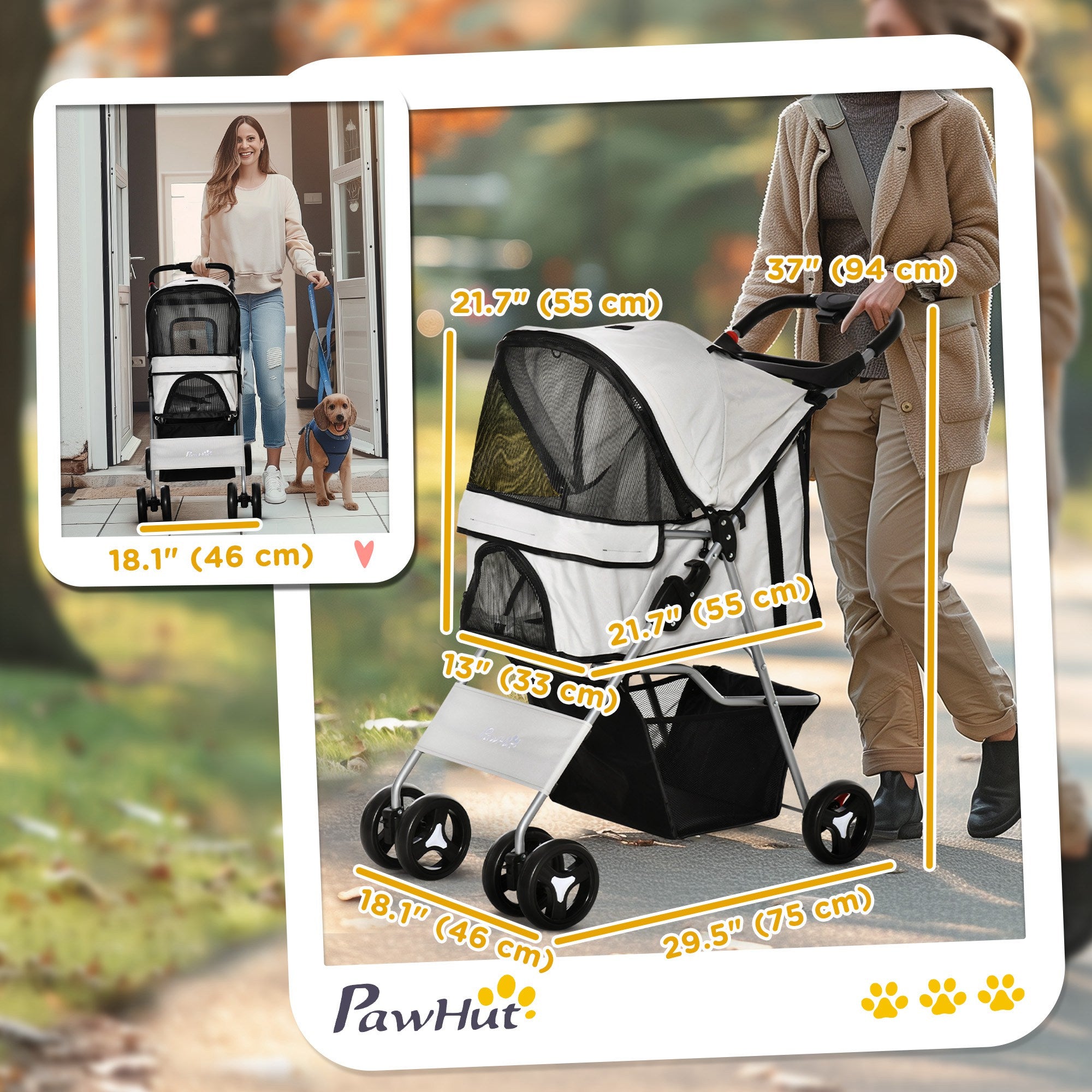PawHut Dog Stroller, Foldable Pet Stroller for XS and Small Dogs and Cats, 4 Wheels Travel Carrier with Cup Holder, Storage Basket, 360° Wwiveling Front Wheels, Grey