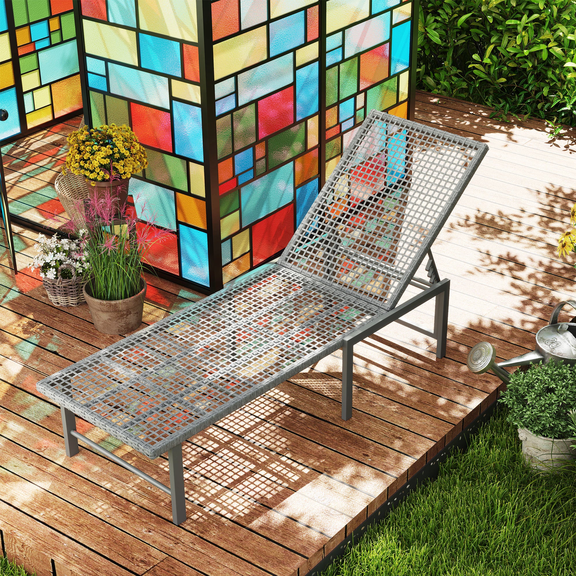 Outsunny Wicker Chaise Lounge Chair Outdoor Patio Lounger with 5 Adjustable Backrest, Rattan Reclining Sun Tanning Chair with Steel Frame for Garden Backyard Poolside, Light Grey