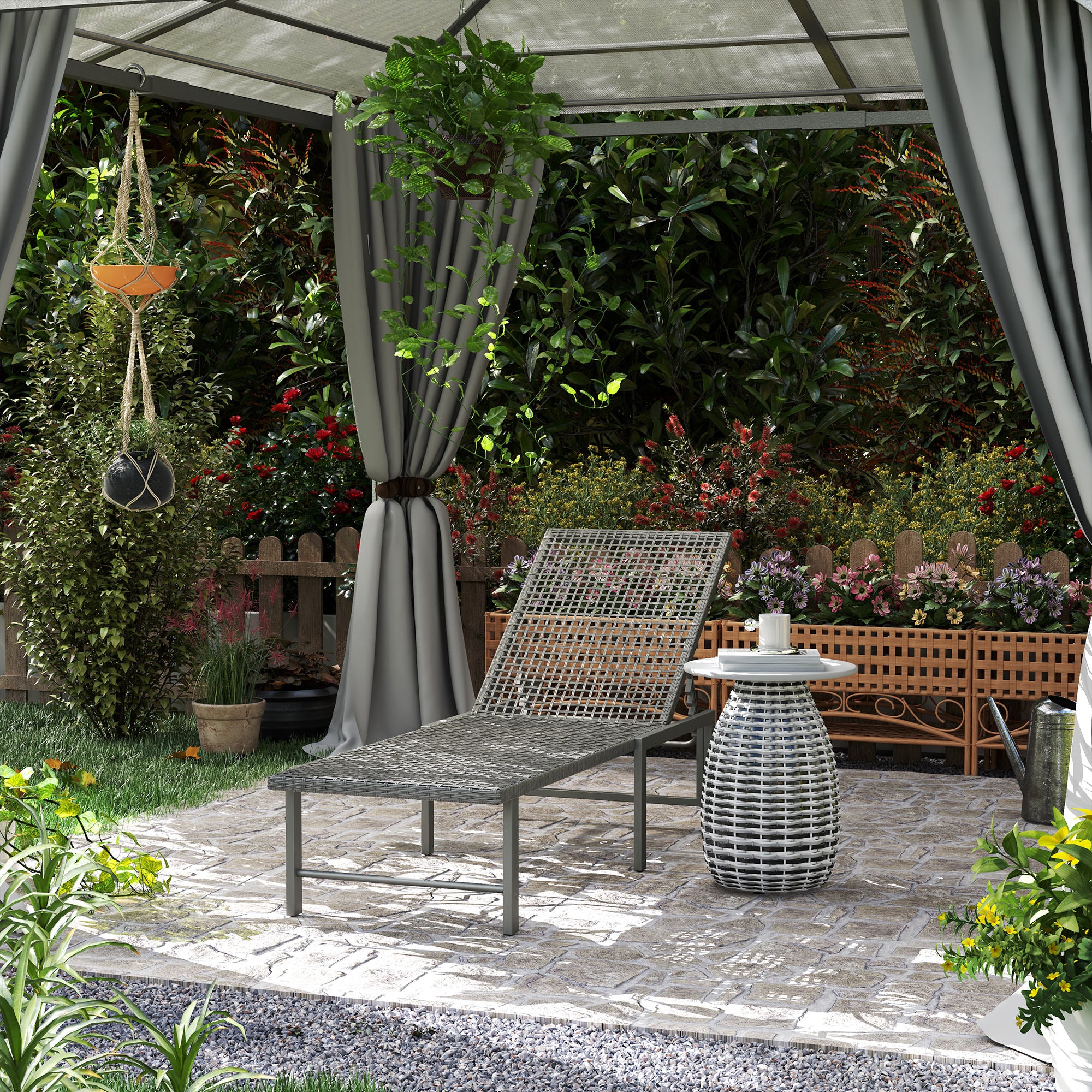 Outsunny Wicker Chaise Lounge Chair Outdoor Patio Lounger with 5 Adjustable Backrest, Rattan Reclining Sun Tanning Chair with Steel Frame for Garden Backyard Poolside, Light Grey