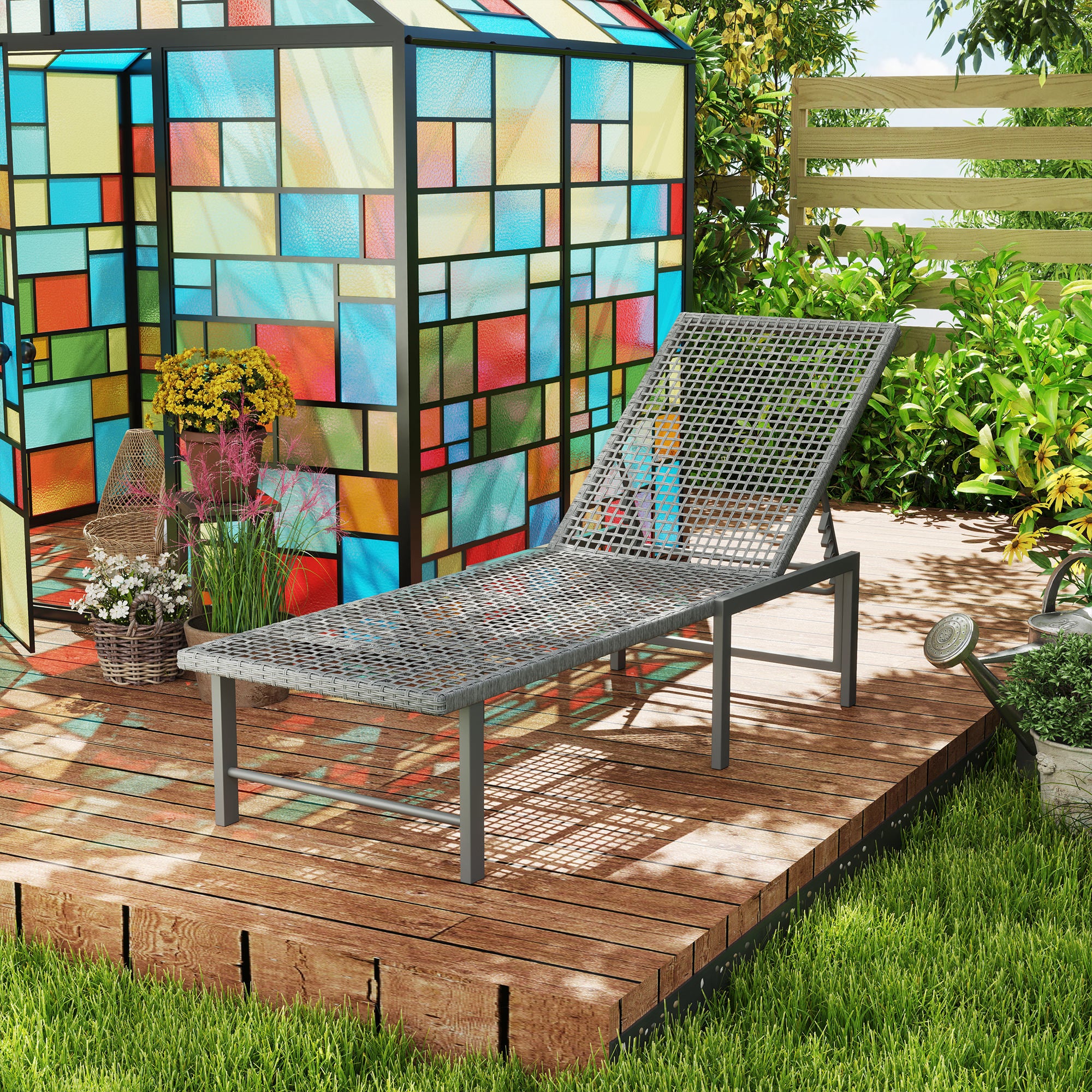 Outsunny Wicker Chaise Lounge Chair Outdoor Patio Lounger with 5 Adjustable Backrest, Rattan Reclining Sun Tanning Chair with Steel Frame for Garden Backyard Poolside, Light Grey