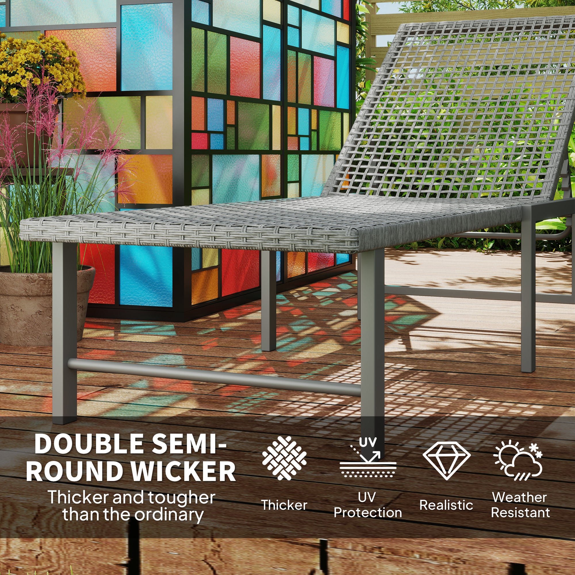 Outsunny Wicker Chaise Lounge Chair Outdoor Patio Lounger with 5 Adjustable Backrest, Rattan Reclining Sun Tanning Chair with Steel Frame for Garden Backyard Poolside, Light Grey