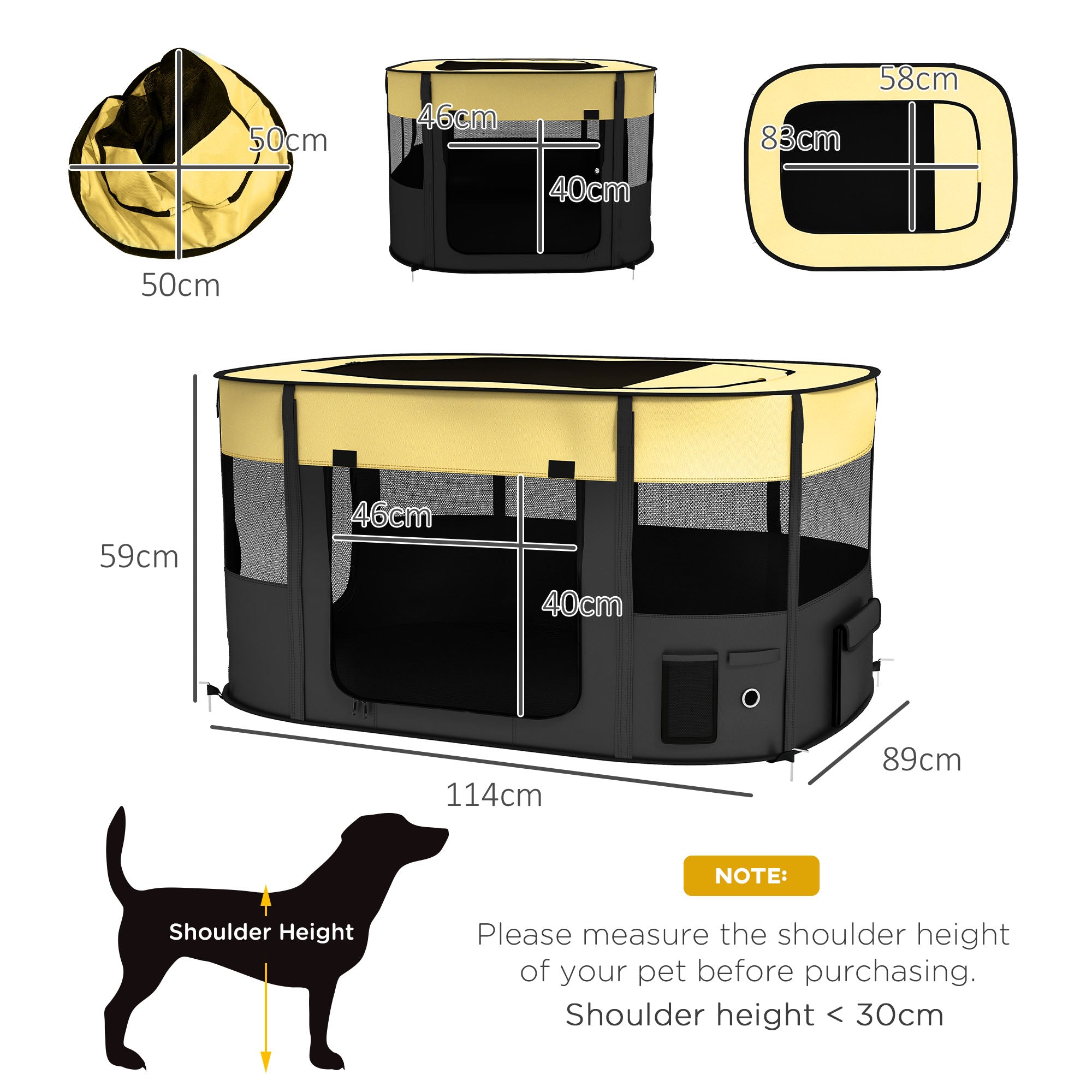 PawHut Dog Pen, Pet Playpen, Portable Foldable Dog Cat Playpen Soft Dog Cage with Storage Bag for Puppies, Rabbits, Kittens, Guinea Pigs, 114 x 89 x 59cm - Yellow