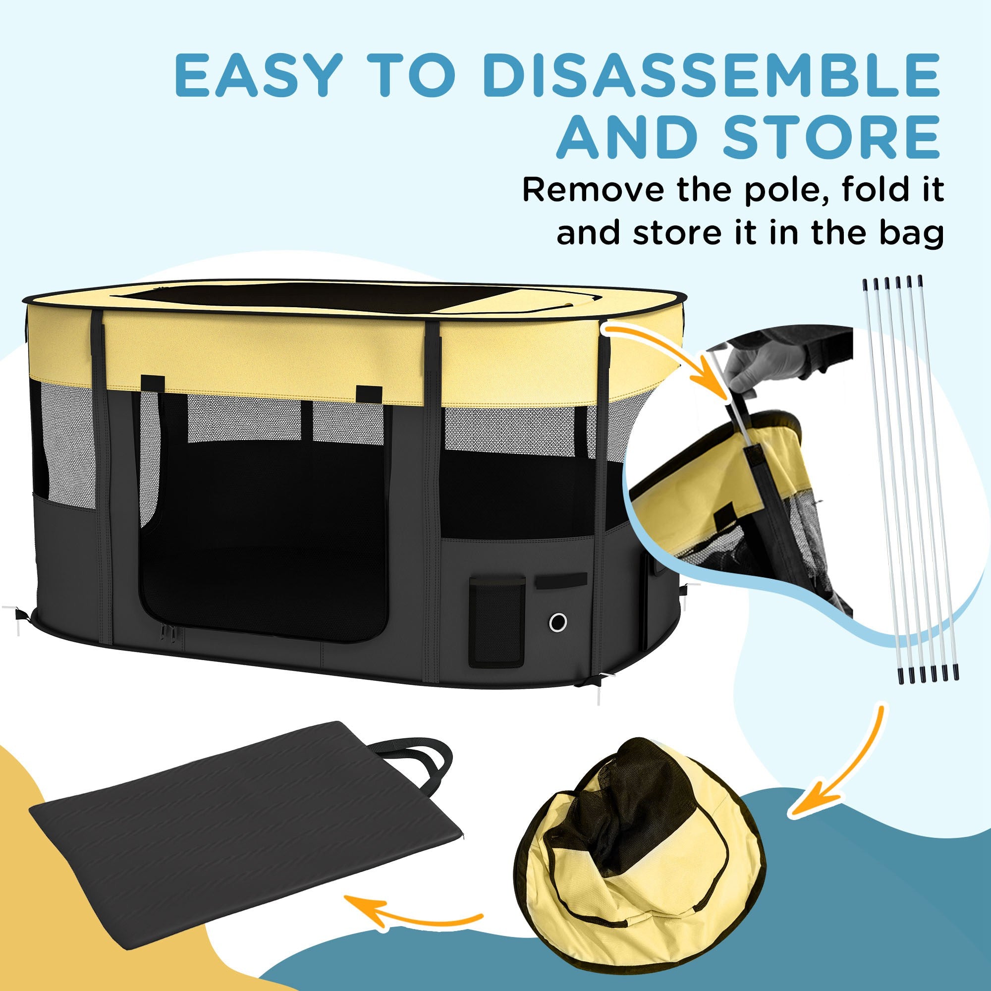 PawHut Dog Pen, Pet Playpen, Portable Foldable Dog Cat Playpen Soft Dog Cage with Storage Bag for Puppies, Rabbits, Kittens, Guinea Pigs, 114 x 89 x 59cm - Yellow