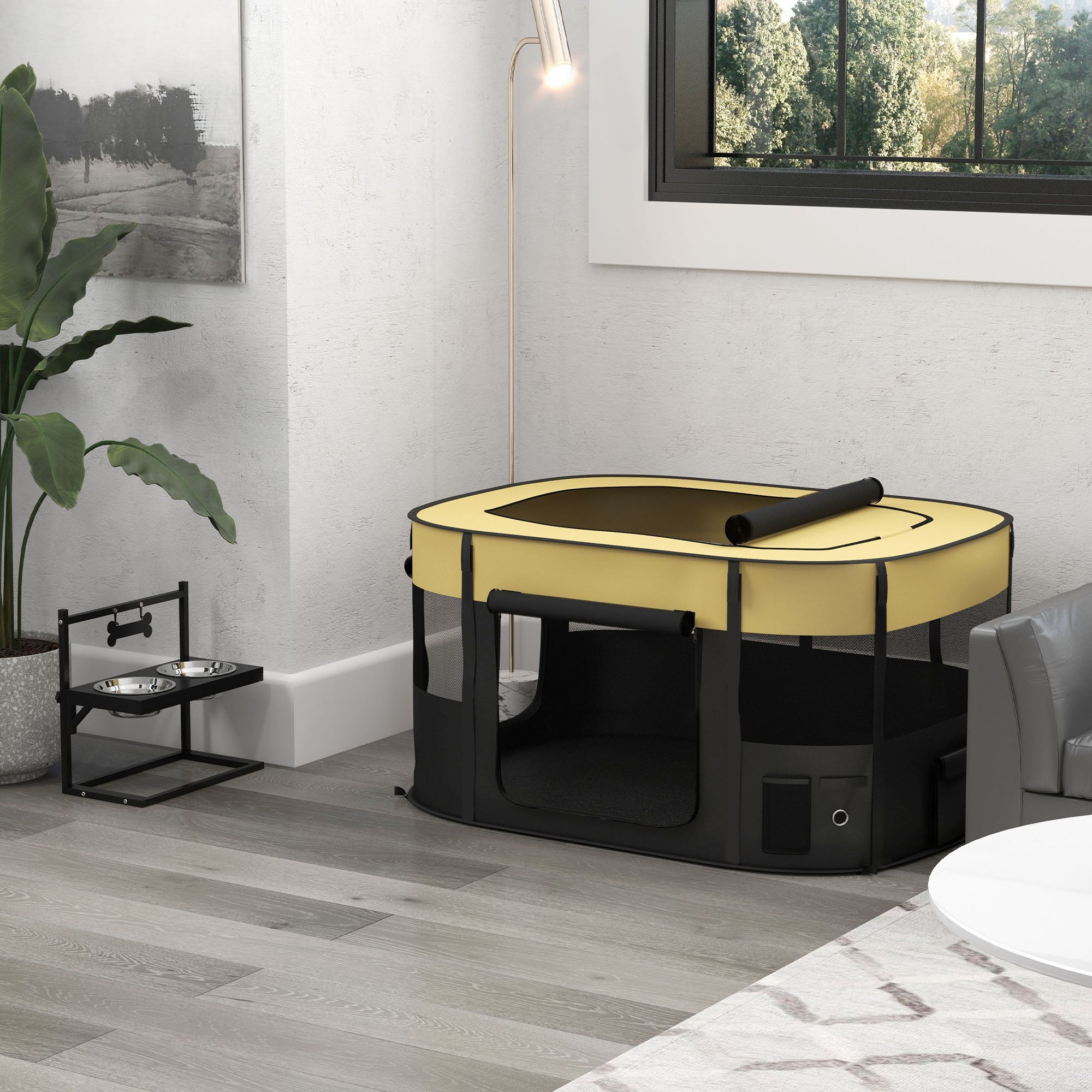 PawHut Dog Pen, Pet Playpen, Portable Foldable Dog Cat Playpen Soft Dog Cage with Storage Bag for Puppies, Rabbits, Kittens, Guinea Pigs, 114 x 89 x 59cm - Yellow