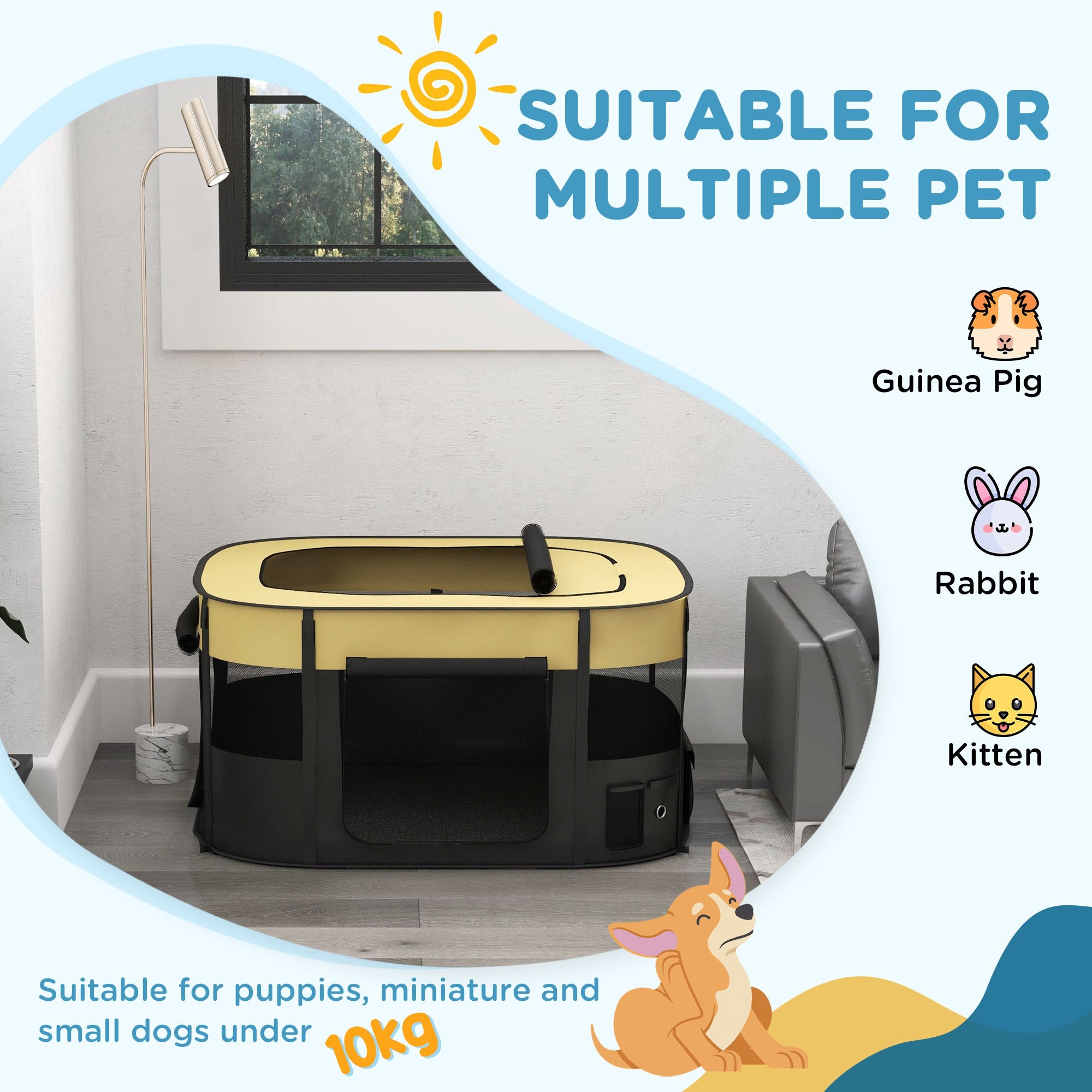 PawHut Dog Pen, Pet Playpen, Portable Foldable Dog Cat Playpen Soft Dog Cage with Storage Bag for Puppies, Rabbits, Kittens, Guinea Pigs, 114 x 89 x 59cm - Yellow